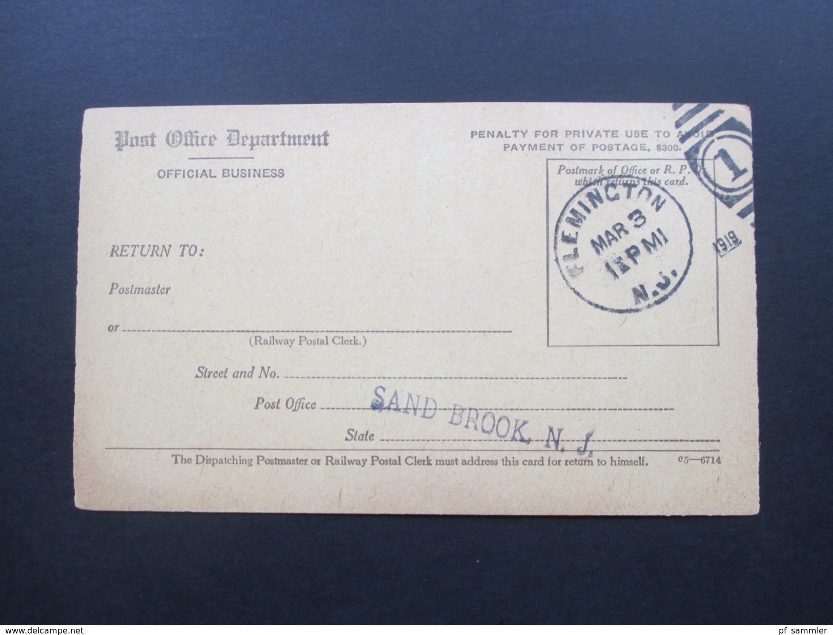 USA 1919 Registry Dispatch Receipt Card. Sand Brook N.J. Flemington N.J. Interessante Karte!! - Brieven En Documenten