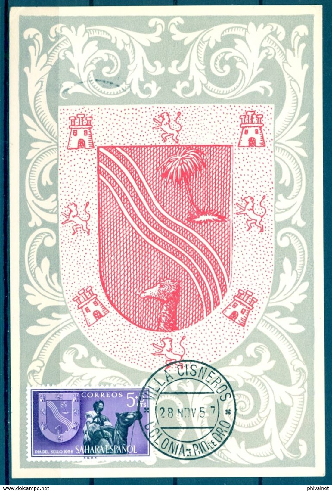 1957 , SAHARA ESPAÑOL , ED. 130 - DIA DEL SELLO , ESCUDOS , MAT. VILLA CISNEROS / COLONIA DE RIO DE ORO - Sahara Español