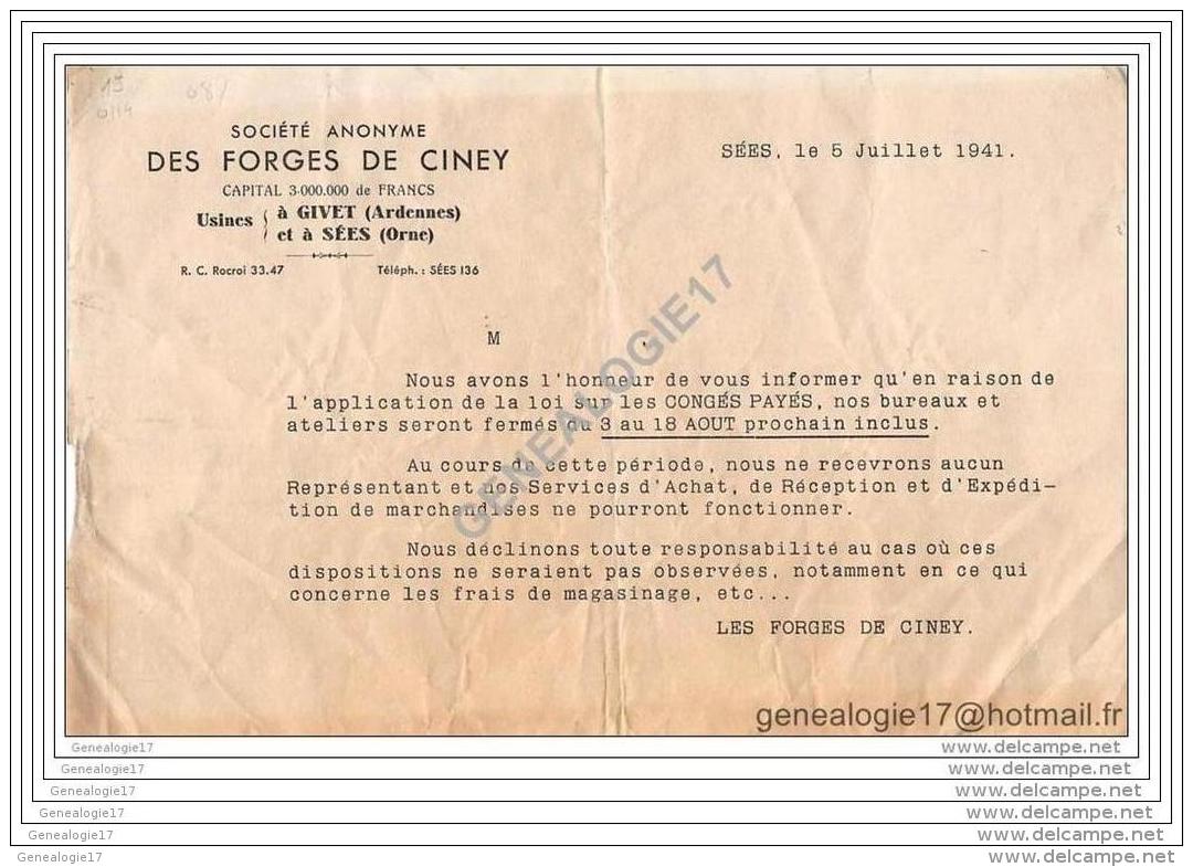 08 564 GIVET ARDENNES Et  SEES 61 ORNE 1941 StÂŽ Des FORGES DE CINEY --   CONGES PAYES - 1900 – 1949