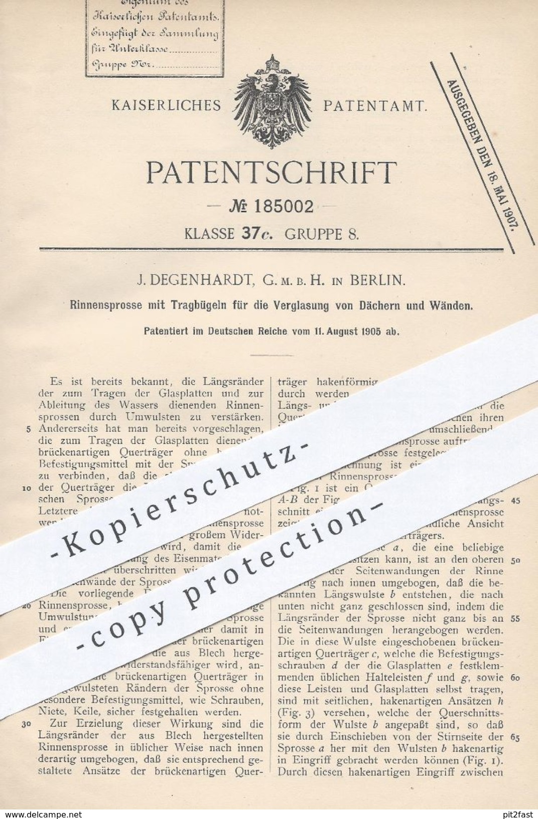 Original Patent - J. Degenhardt GmbH , Berlin , 1905 , Rinnensprosse Für Die Verglasung Von Dach U. Wand | Dachdecker - Historische Dokumente