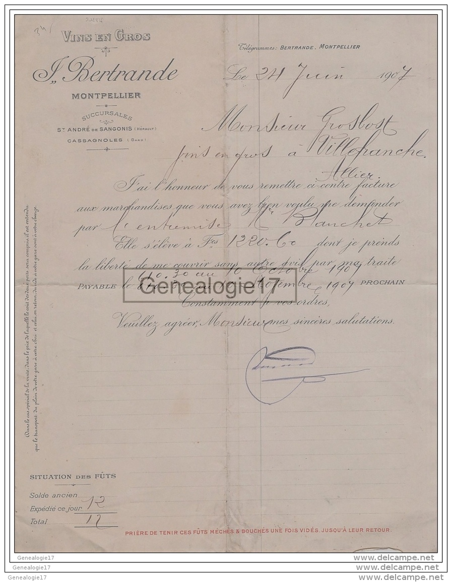 34 1391 MONTPELLIER HERAULT 1907 Vins J. BERTRANDE De SAINT ANDRE DE SANGONIS Et CASSAGNOLES Gard A GROSBOST - Agriculture
