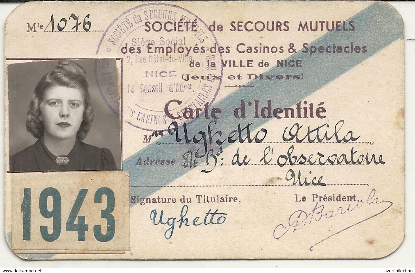 CASINO DE NICE 1943 . CARTE IDENTITE DES EMPLOYES - Non Classés