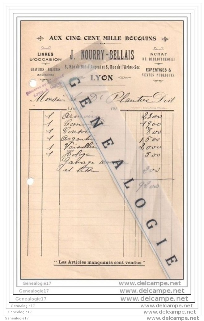 69 514 LYON RHONE 191. Livre AUX CINQ MILLES BOUQUINS Ets J. NOURRY - BELLAIS 3 Rue Bat Argent Et  8 Arbre Sec Âˆ P - Printing & Stationeries