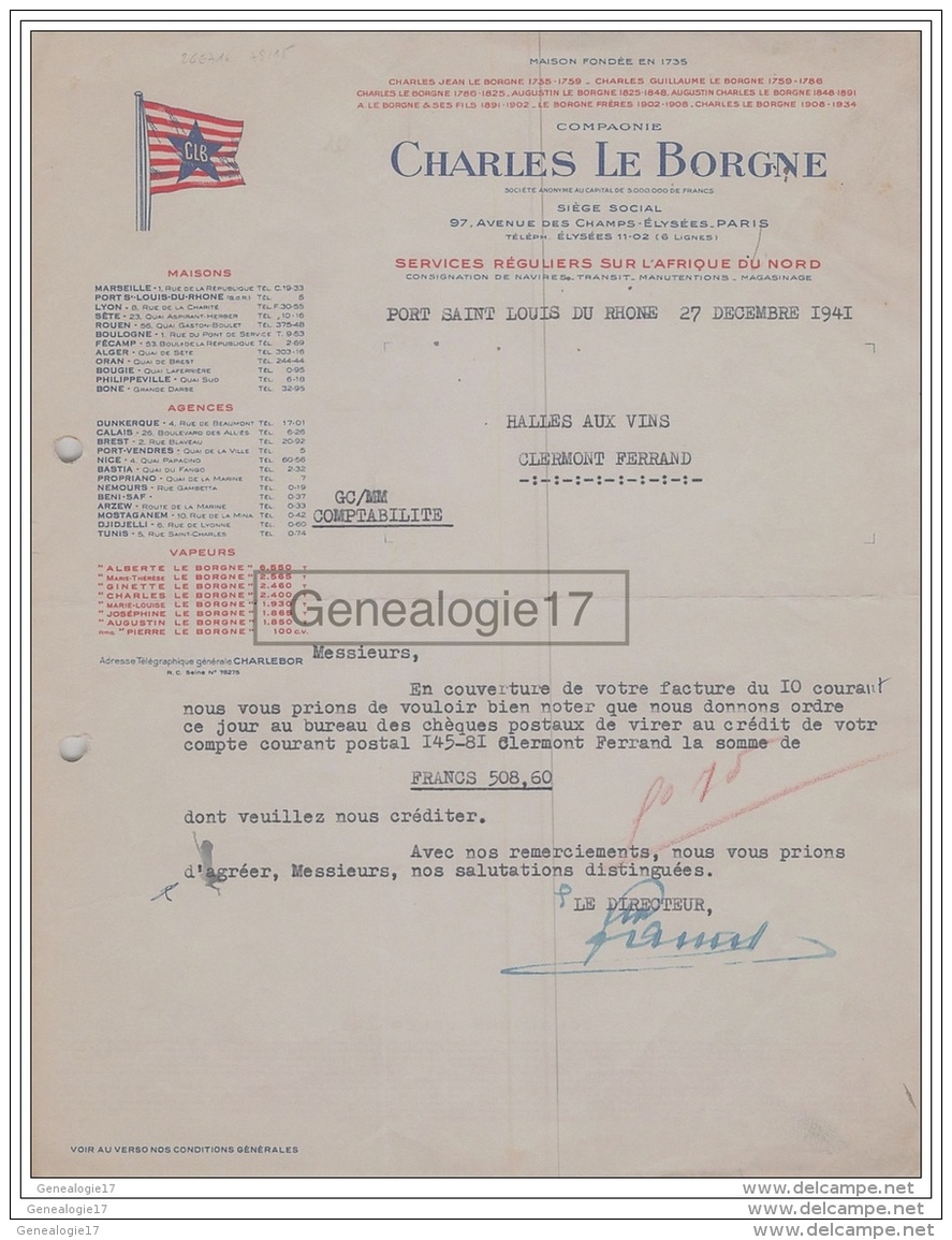 75 15 340 PARIS SEINE Et PORT SAINT LOUIS DU RHONE 1941 Navires Transit Afrique Du Nord CHARLES LE BORGNE - Autres & Non Classés