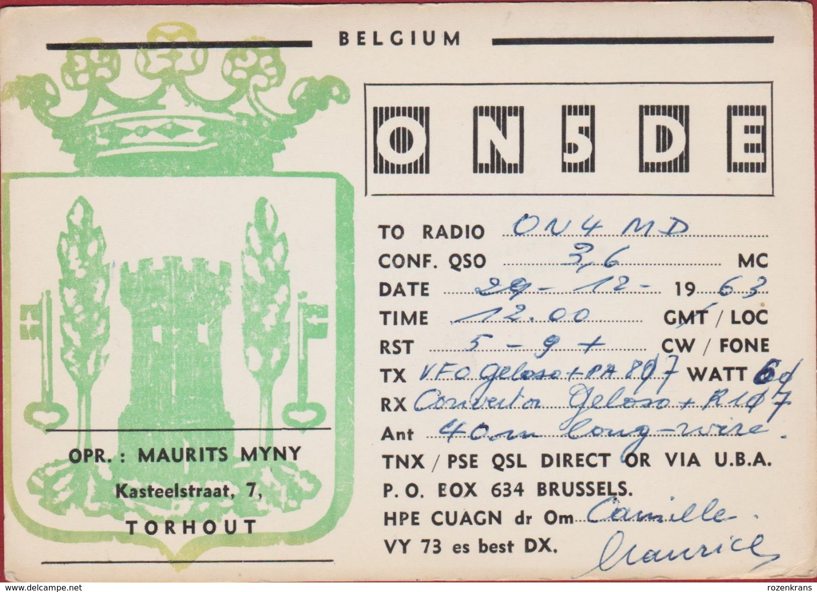 QSL Card Amateur Radio Station CB Belgian Belgium Torhout Maurits Myny QSO - Radio Amateur