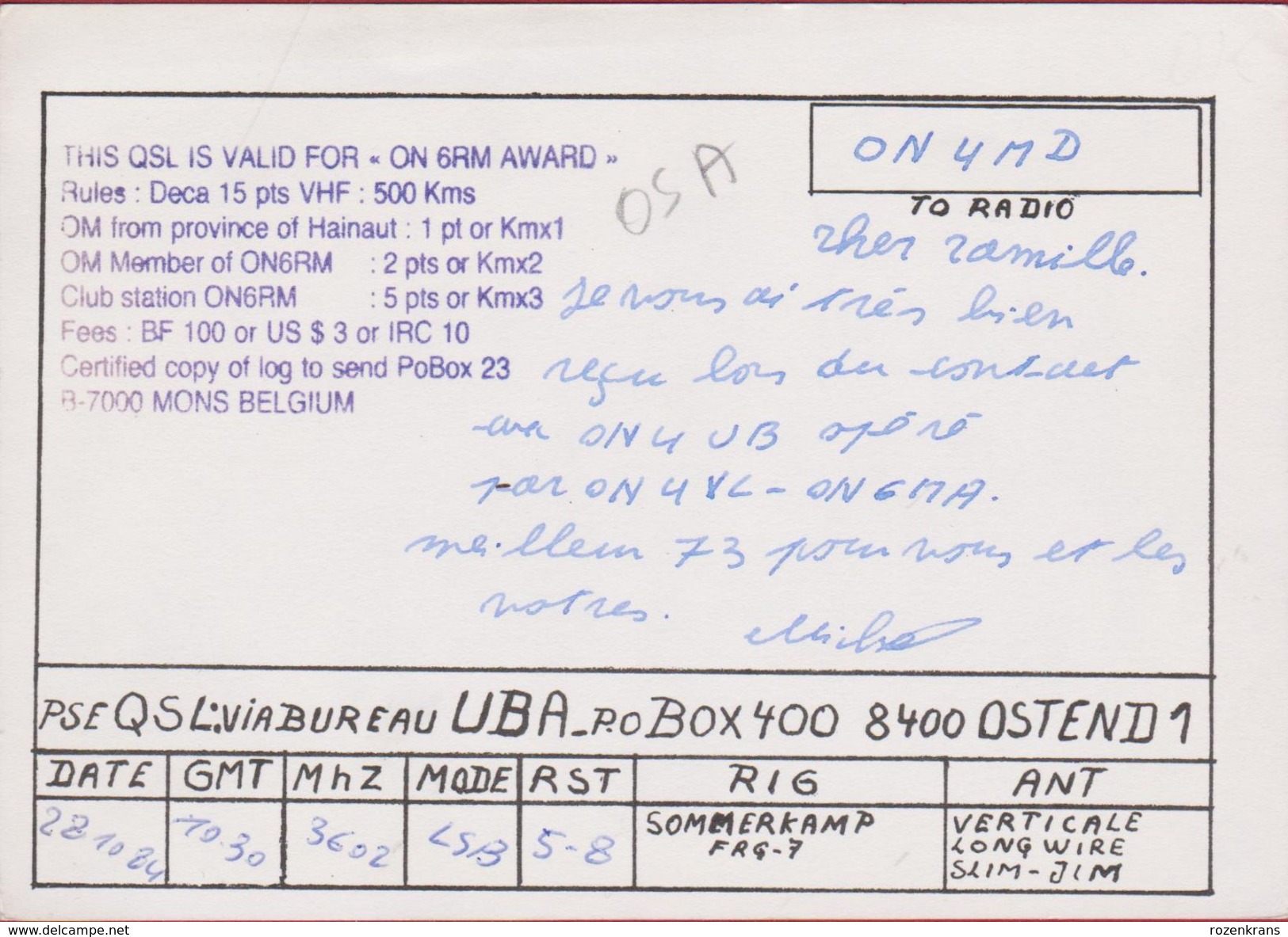 QSL Card Amateur Radio Station CB Belgian Begium Michel Dumont Hornu H.J. Degorge Mons 1984 - Amateurfunk