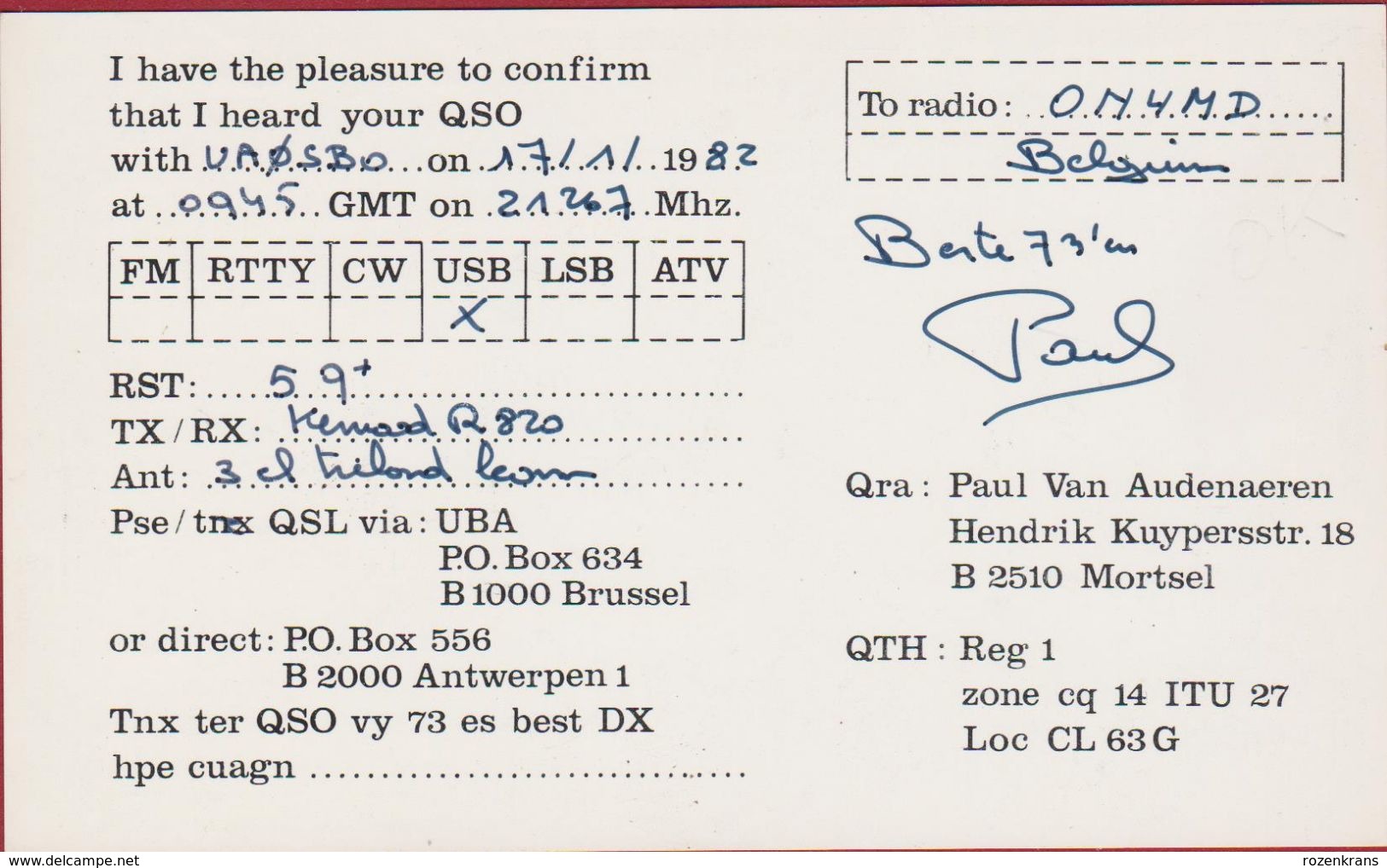 QSL Card Amateur Radio Station CB Belgian Begium QSO Paul Van Audenaeren Mortsel 1982 - Amateurfunk