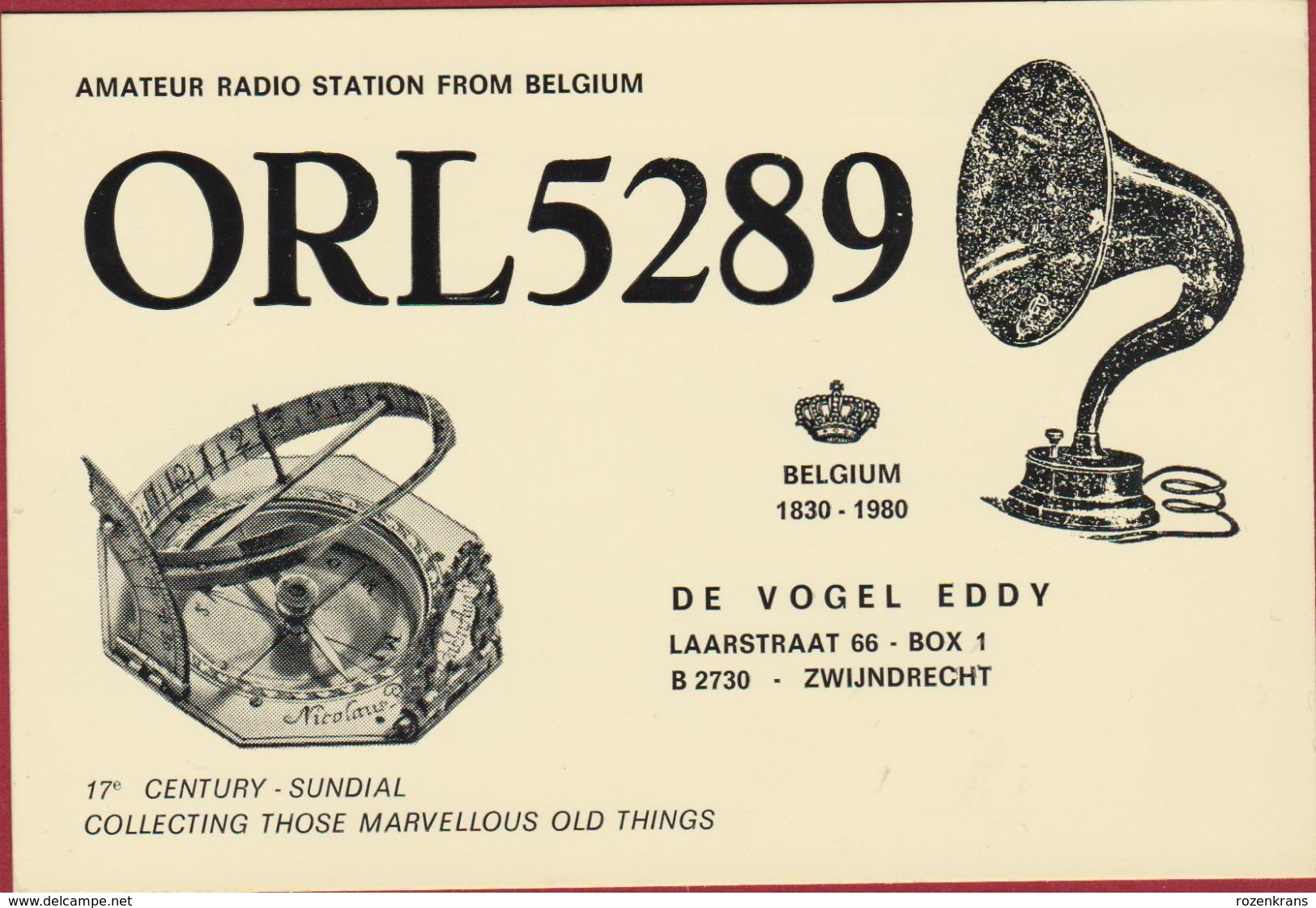 QSL Card Amateur Radio Station CB Belgian Begium Eddy De Vogel Zwijndrecht 17th Century Sundial Watch 1980 - Amateurfunk