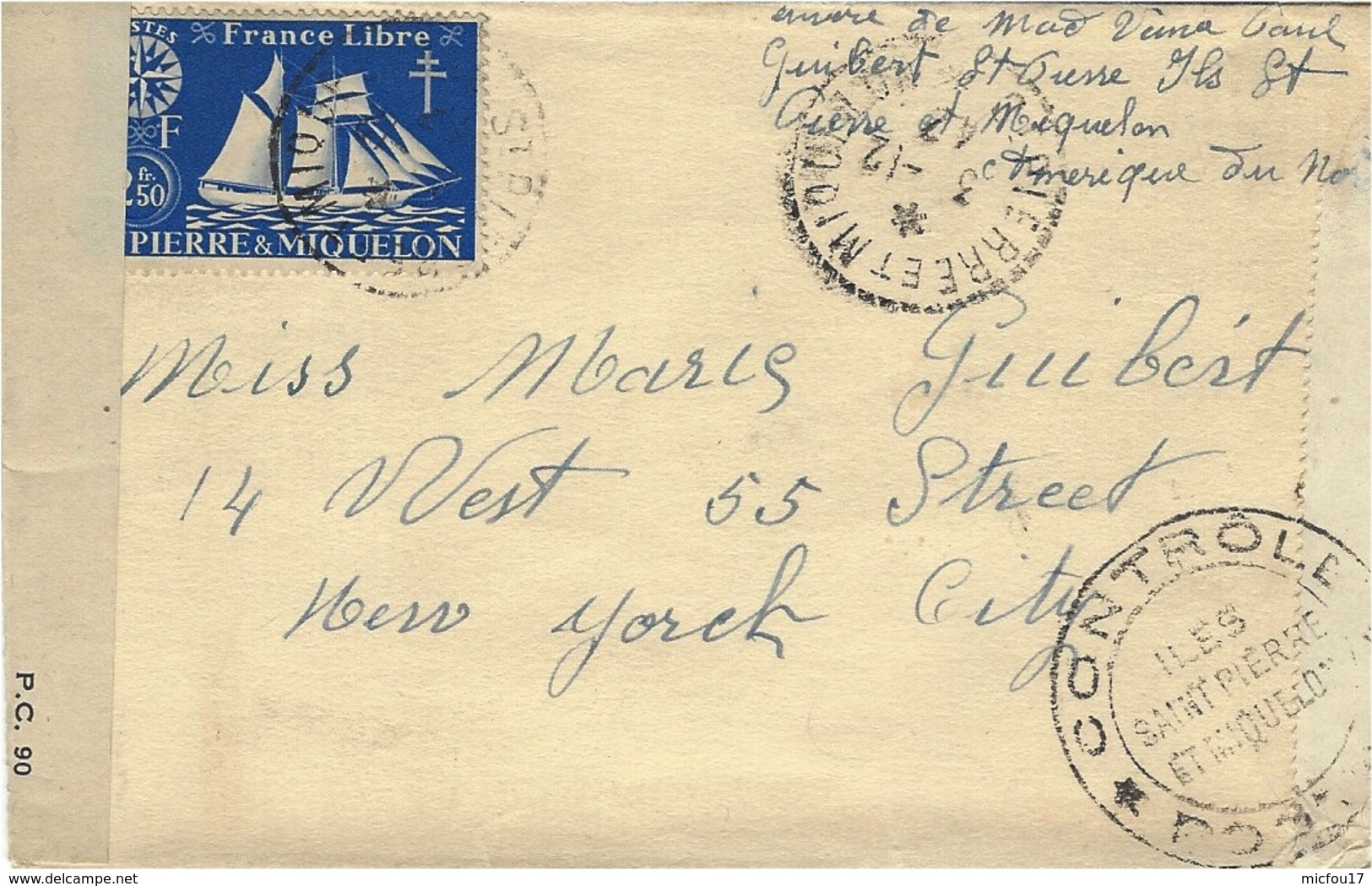 1942- Enveloppe De St PIERRE & MIQUELON   Affr. 2,50 F France Libre   - Censures Française Et Américaine - Briefe U. Dokumente