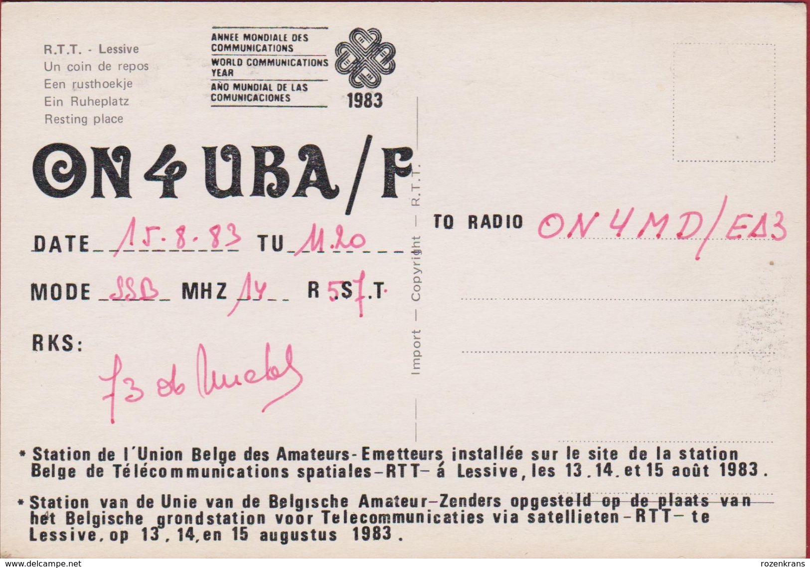 QSL Card Amateur Radio Station CB Belgian Begium Lessive RTT Grondstation Voor Telecommunicaties Via Satellieten 1983 - Amateurfunk