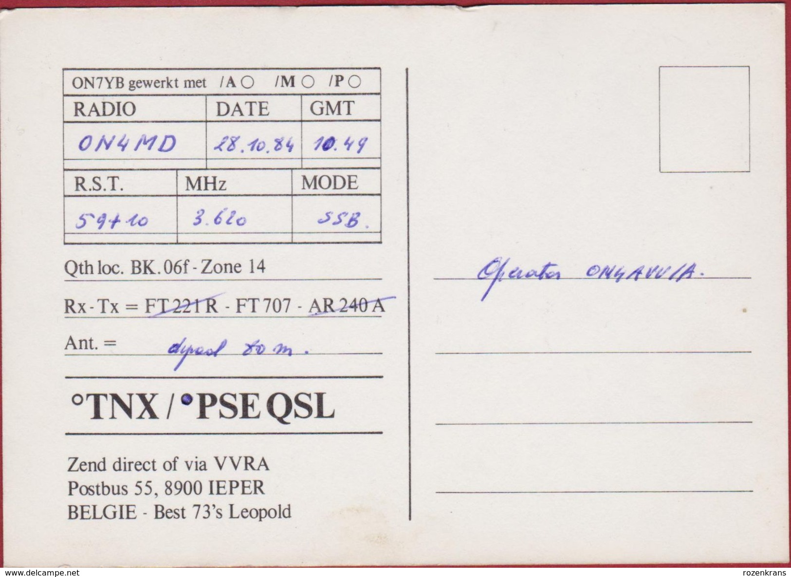 QSL Card Amateur Radio Station CB Belgian Begium Van Elslander Leopold Zonnebeke Ieper 1984 - Radio Amatoriale