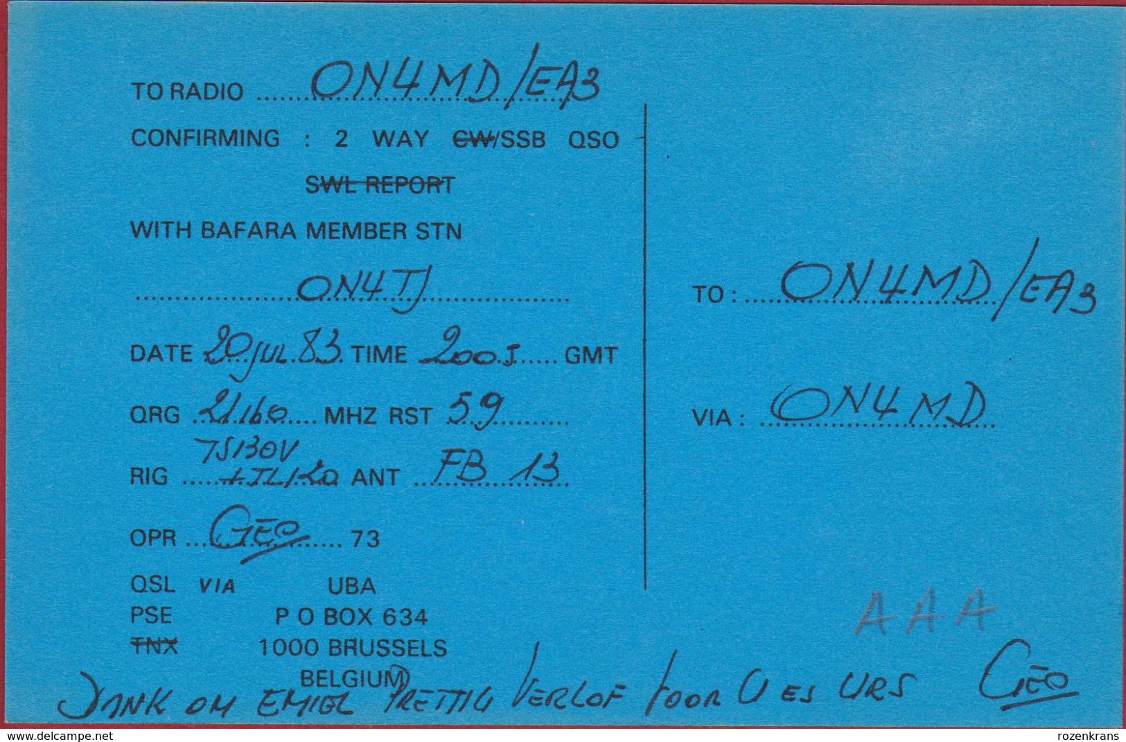 QSL Card Belgium Air Force Amateur Radio Station CB Belgian Army Armee Belge Luchtmacht Leger De Pinte  1983 - Amateurfunk