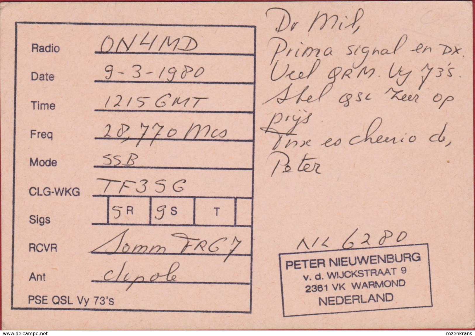 QSL Card Mateur Radio Station CB Holland Sail Amsterdam 1980 Warmond Peter Nieuwenburg - Amateurfunk