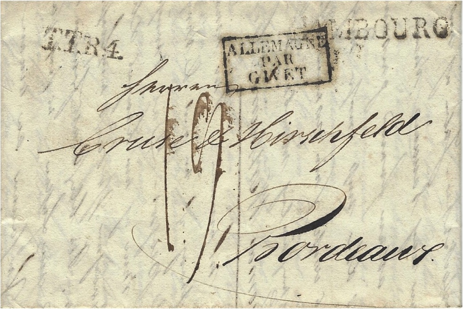 1819- Lettre D'HAmbourg   Pour Bordeaux  - T.T.R.4  Noir + ALLEMAGNE / PAR / GIVET  Noir - 1801-1848: Precursori XIX