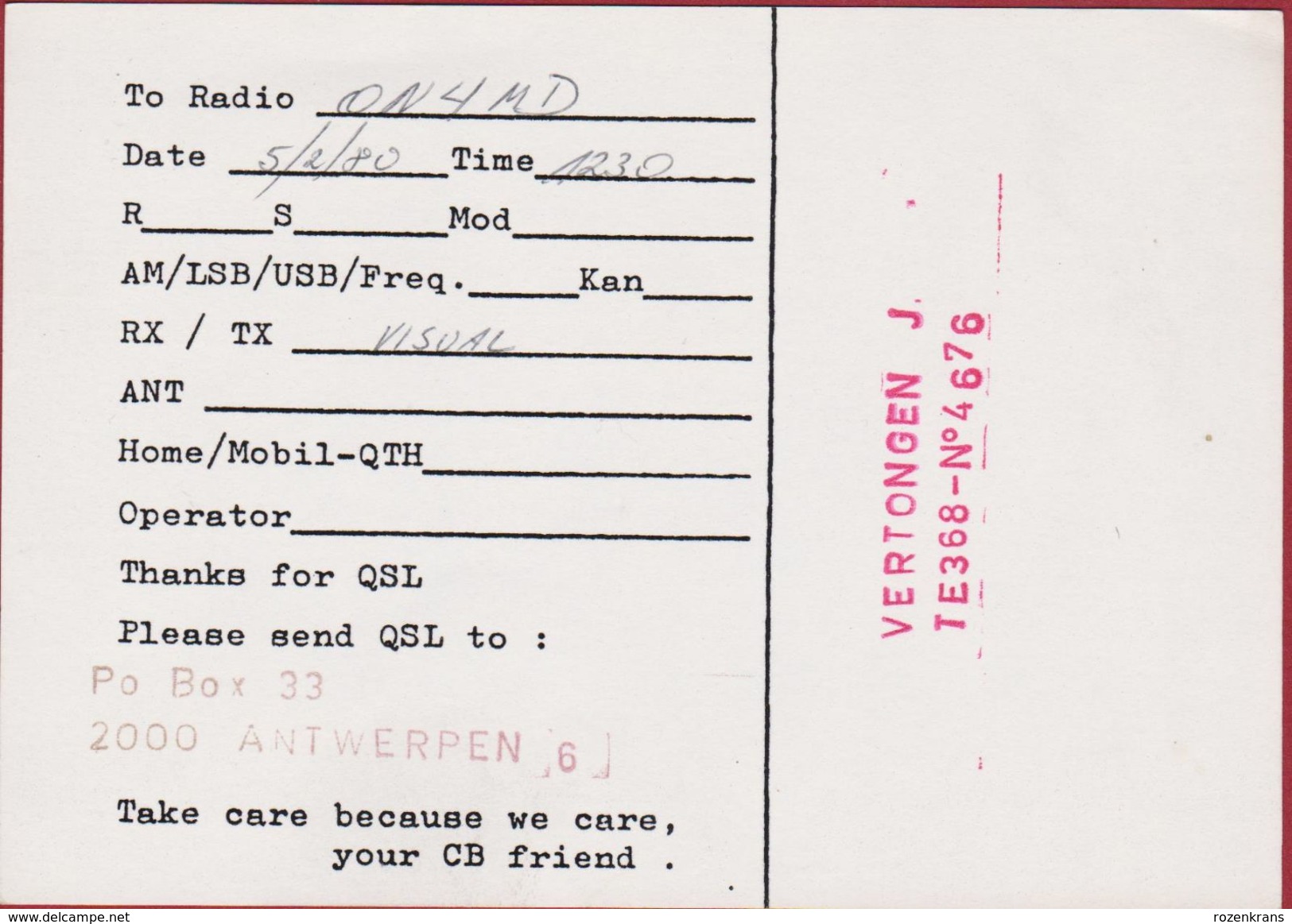 QSL Card Amateur Radio Station CB Belgium Wilrijk Nightowl Owl Uil Hibou Antwerpen 1980 J. Vertongen - Radio Amateur