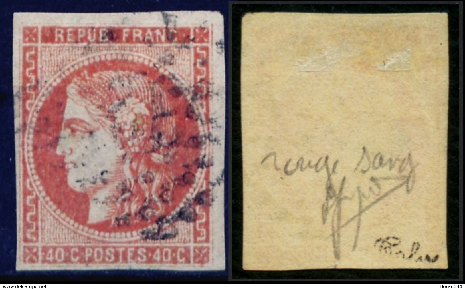 France N° 48d Rouge Sang Clair Obl. GC - Signé Calves - Cote 1000 Euros - TB Qualité - 1870 Bordeaux Printing