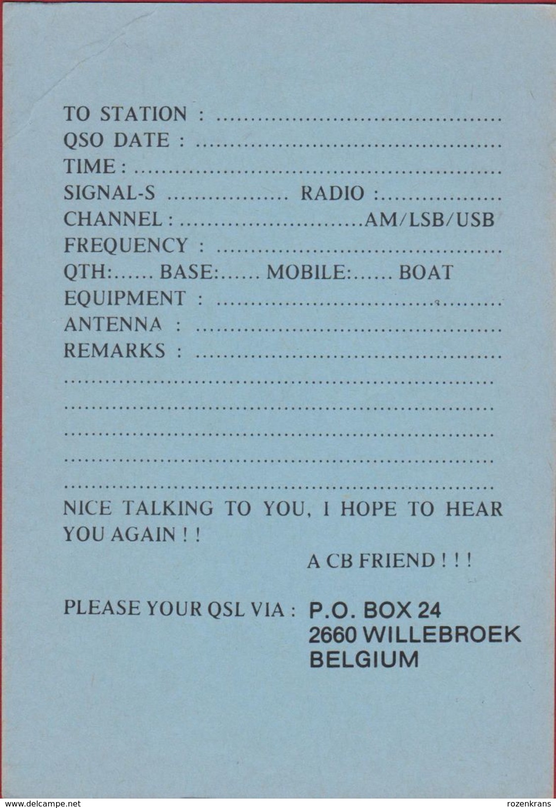 QSL Card Amateur Radio Station CB Belgium Aartselaar Willebroek (fold - Kreuk) - Amateurfunk