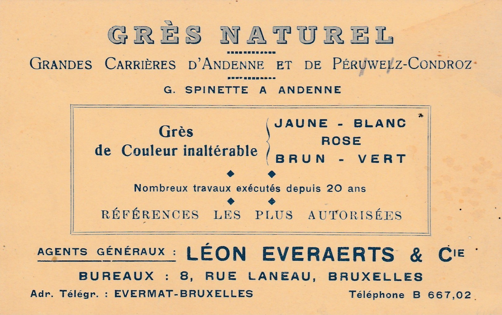Andenne ,carte Publicité ,grande Carrières D'Andenne Et Perwez -Condroz (erreur)G.Spinette ;Bureau Bruxelles L.Everaert - Ohey