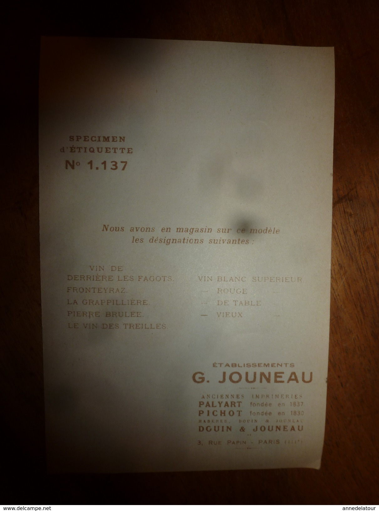 1920 ? Spécimen étiquette De Vin LA GRAPPILLIERE,  N° 1137 Déposé,  Imp. G.Jouneau  3 Rue Papin à Paris - Autres & Non Classés