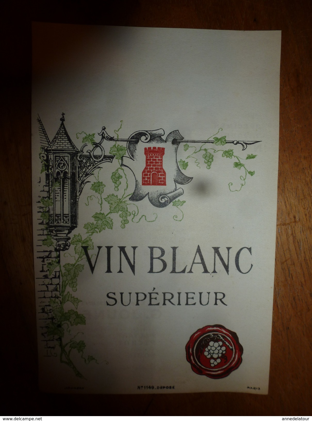 1920 ? Spécimen étiquette De Vin VIN BLANC SUPERIEUR,  N° 1149déposé,  Imp. G.Jouneau  3 Rue Papin à Paris - Blancs