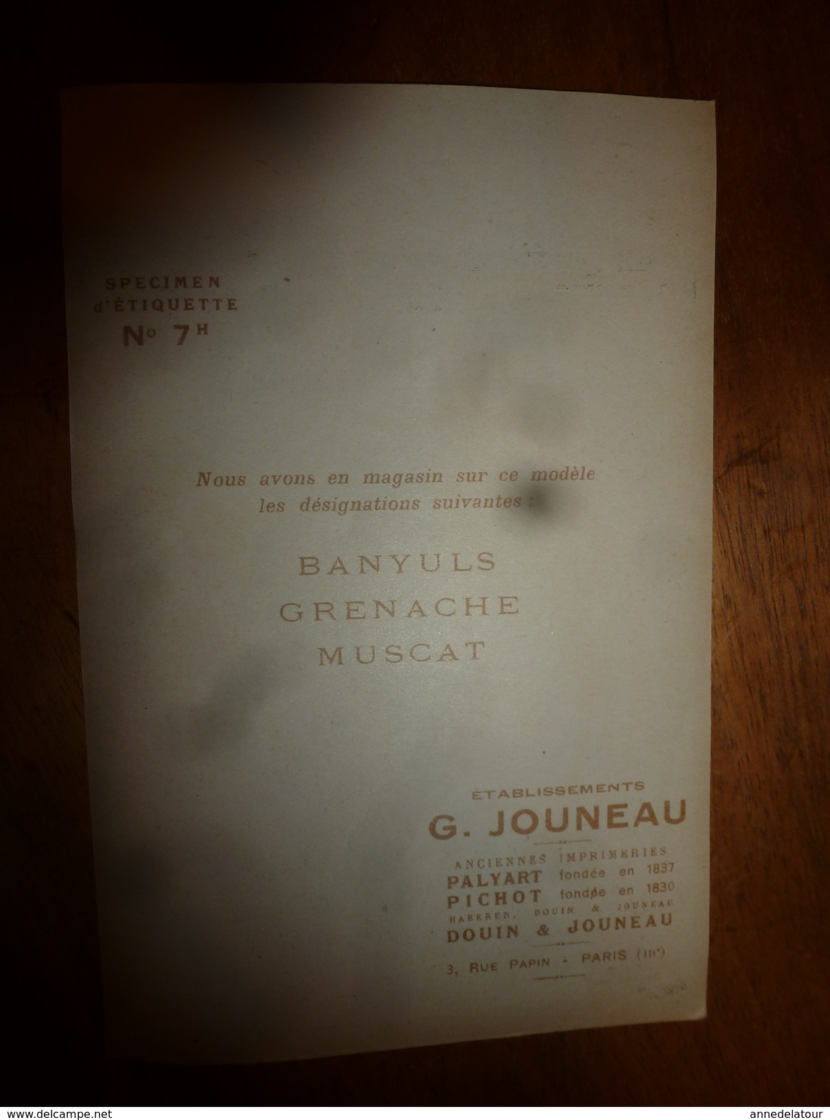 1920 ? Spécimen étiquette De Vin BANYULS Vin Doux Naturel​,  N° 7H  Déposé,  Imp. G.Jouneau  3 Rue Papin à Paris - Autres & Non Classés