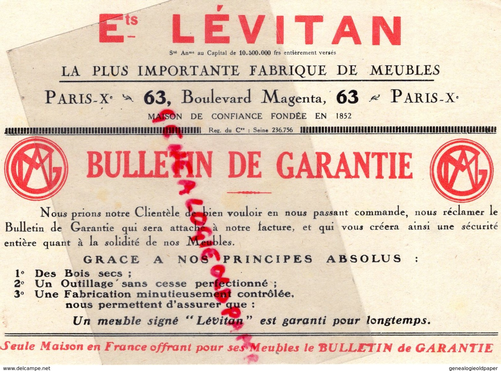 75- PARIS - SUPERBE CATALOGUE ETS. LEVITAN-63 BD MAGENTA-FABRIQUE MEUBLES-1931-LUSTRE MULLER-