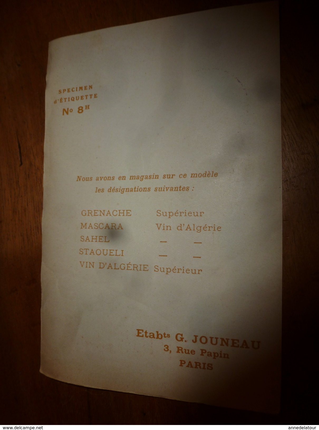 1920 ? Spécimen étiquette De Vin D' Algérie  MASCARA,  N° 8H  Déposé,  Imp. G.Jouneau  3 Rue Papin à Paris - Dromadaires