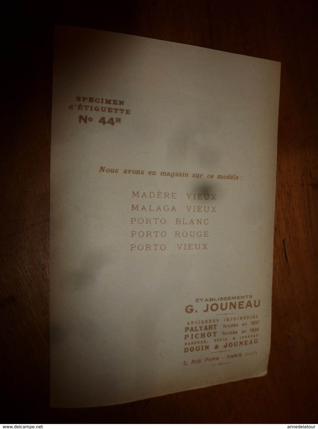 1920 ? Spécimen étiquette De Vin PORTO Vieux,  N° 44H  Déposé,  Imp. G.Jouneau  3 Rue Papin à Paris - Autres & Non Classés