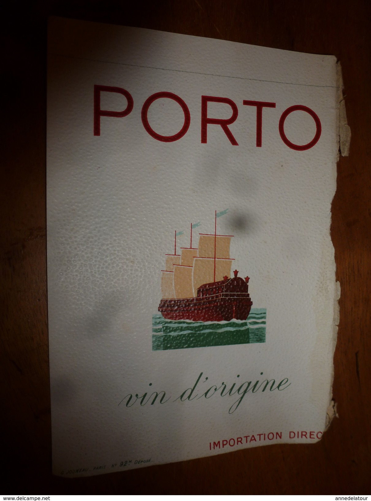 1920 ? Spécimen étiquette De Vin PORTO Origine Importation Directe, N° 92H  Déposé,  Imp. G.Jouneau  3 Rue Papin à Paris - Bateaux à Voile & Voiliers