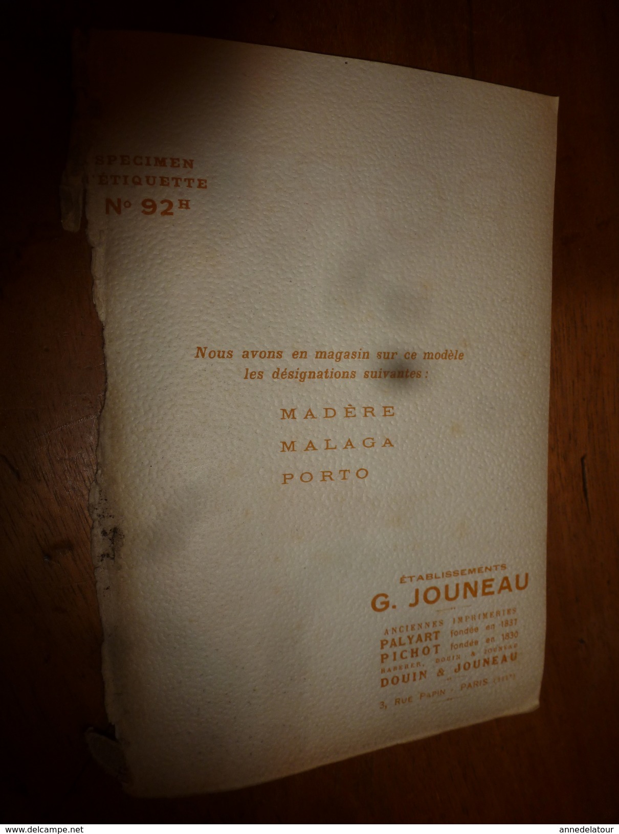 1920 ? Spécimen étiquette De Vin PORTO Origine Importation Directe, N° 92H  Déposé,  Imp. G.Jouneau  3 Rue Papin à Paris - Bateaux à Voile & Voiliers