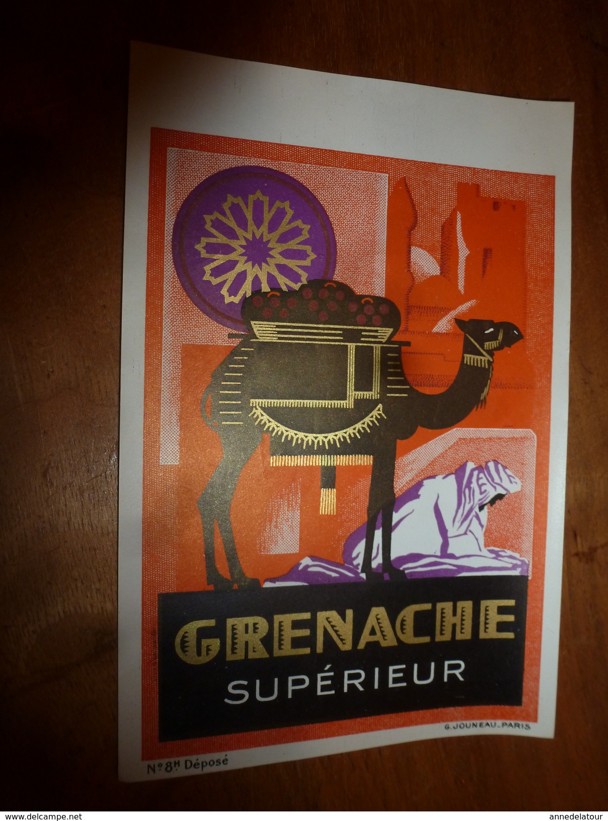 1920 ? Spécimen étiquette De Vin GRENACHE Superieur, N° 8H  Déposé,  Imp. G.Jouneau  3 Rue Papin à Paris - Dromedaries