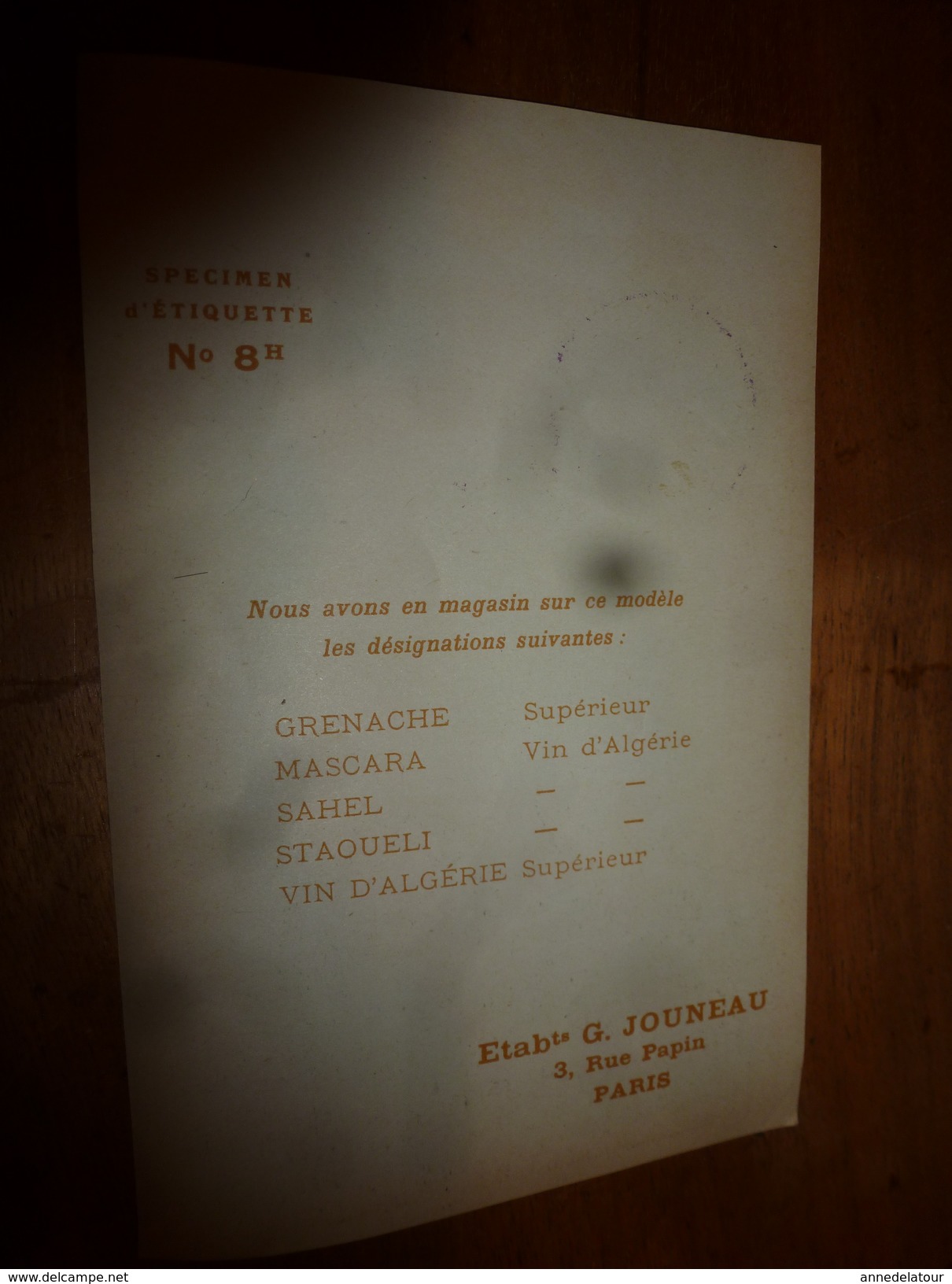 1920 ? Spécimen étiquette De Vin GRENACHE Superieur, N° 8H  Déposé,  Imp. G.Jouneau  3 Rue Papin à Paris - Dromadaires