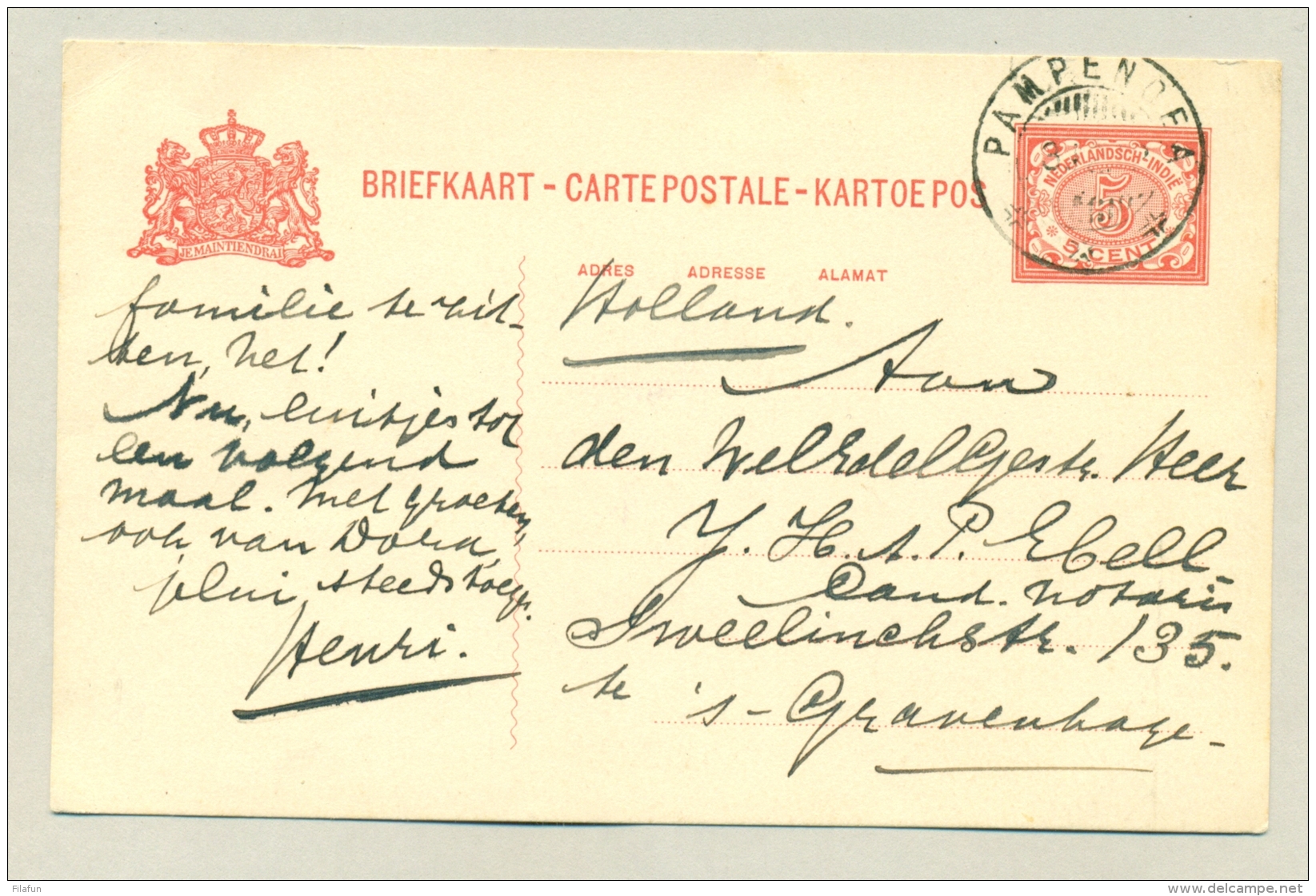 Nederlands Indië - 1912 - KB PAMPENOEA Op Briefkaart Naar Den Haag / Nederland - Nederlands-Indië