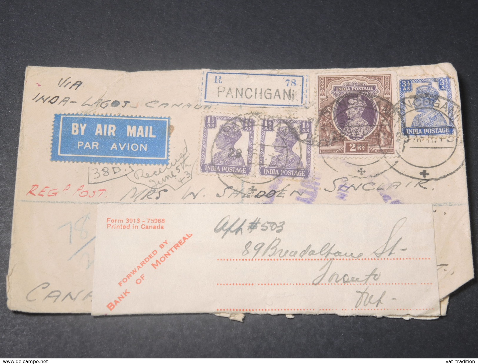INDE - Enveloppe En Recommandé De Panchgani Pour Le Canada En 1943 Avec Contrôle Postal , Affr. Plaisant - L 11418 - 1936-47 Roi Georges VI