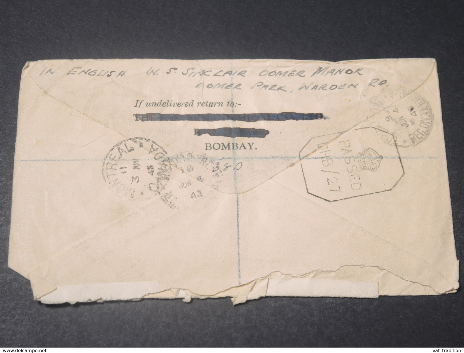 INDE - Enveloppe En Recommandé De Panchgani Pour Le Canada En 1943 Avec Contrôle Postal , Affr. Plaisant - L 11418 - 1936-47 Roi Georges VI