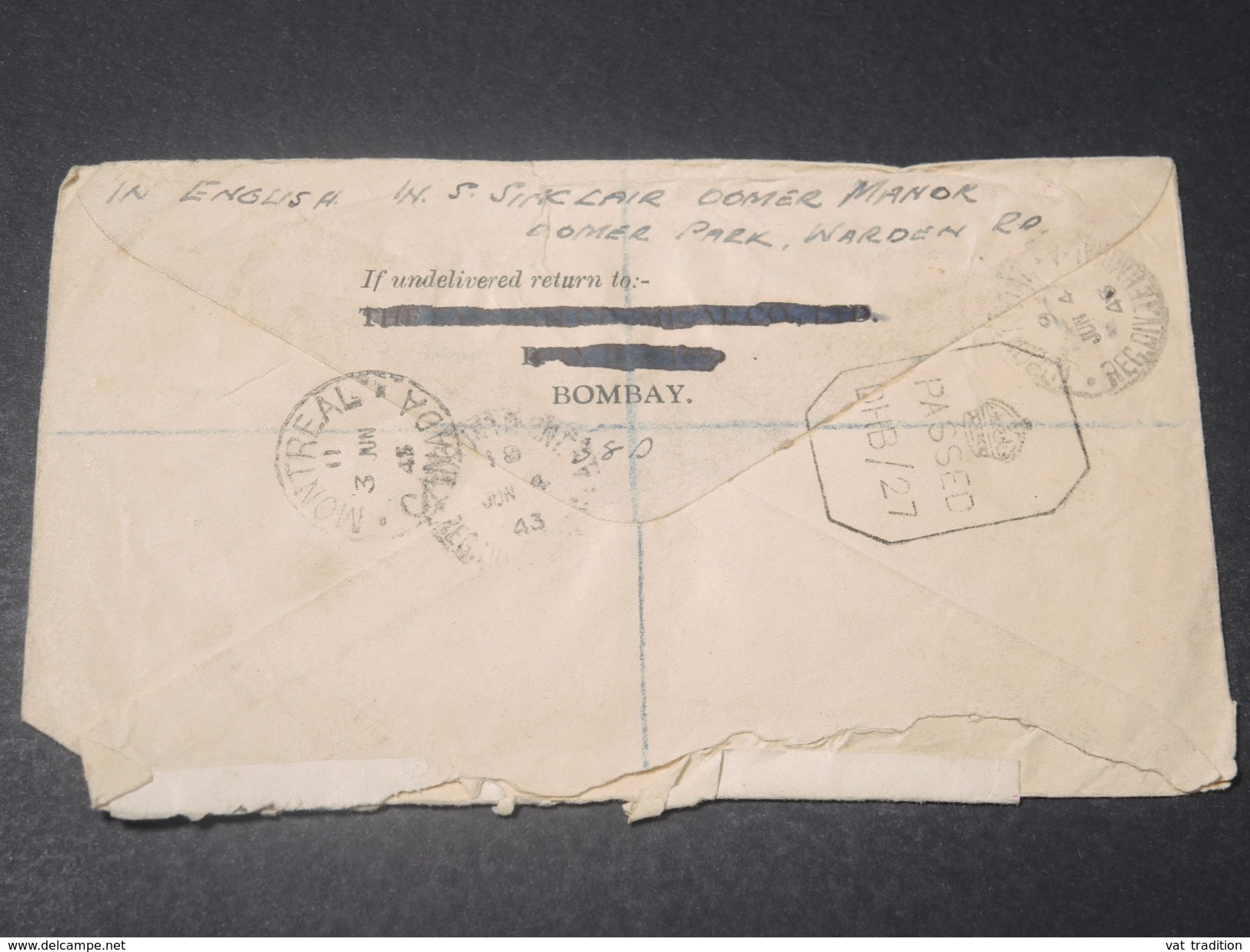 INDE - Enveloppe En Recommandé De Panchgani Pour Le Canada En 1943 Avec Contrôle Postal , Affr. Plaisant - L 11418 - 1936-47 King George VI