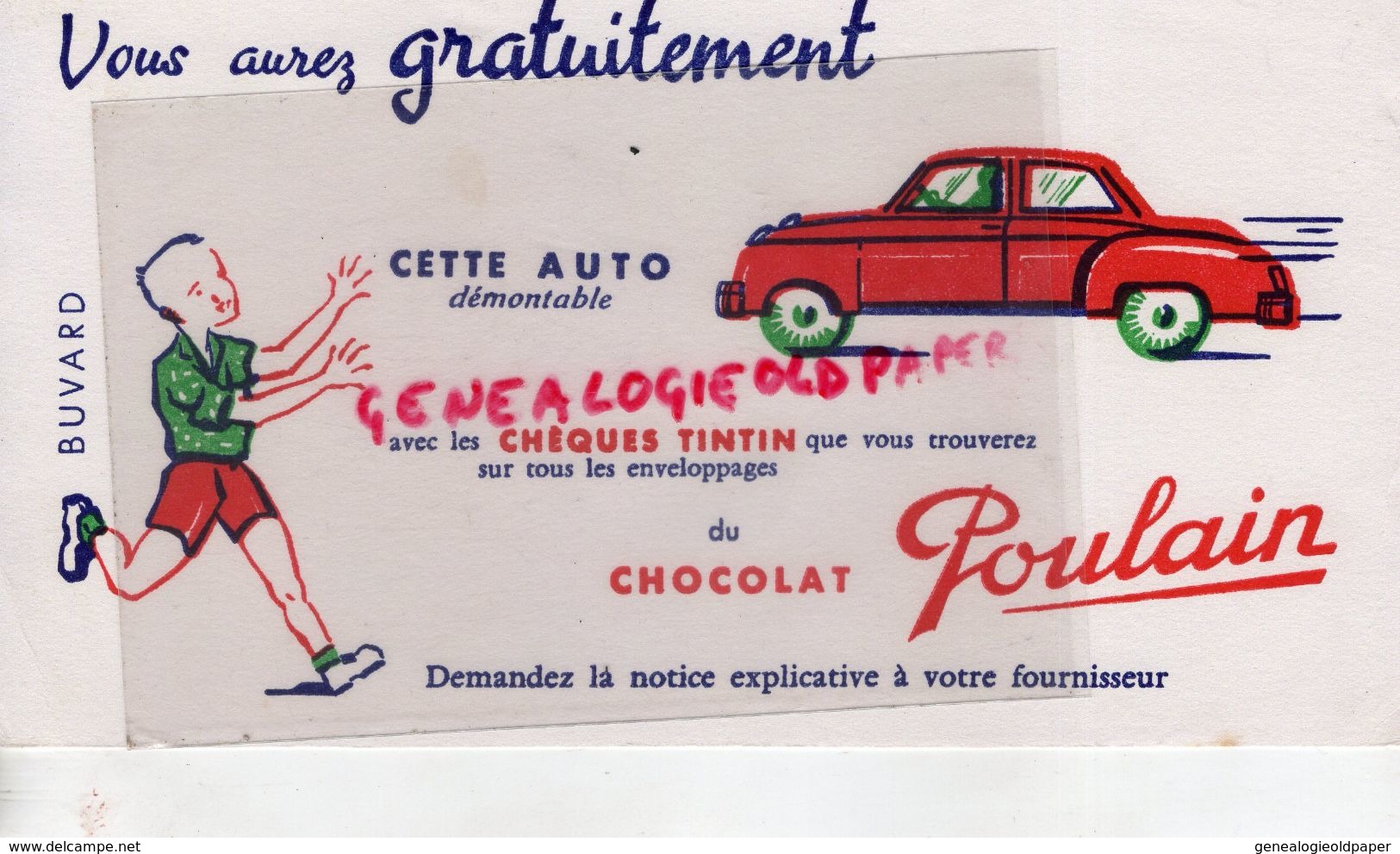 BUVARD CHOCOLAT POULAIN- CHEQUES TINTIN AUTO- AUTOMOBILE -VOITURE DEMONTABLE - Chocolat