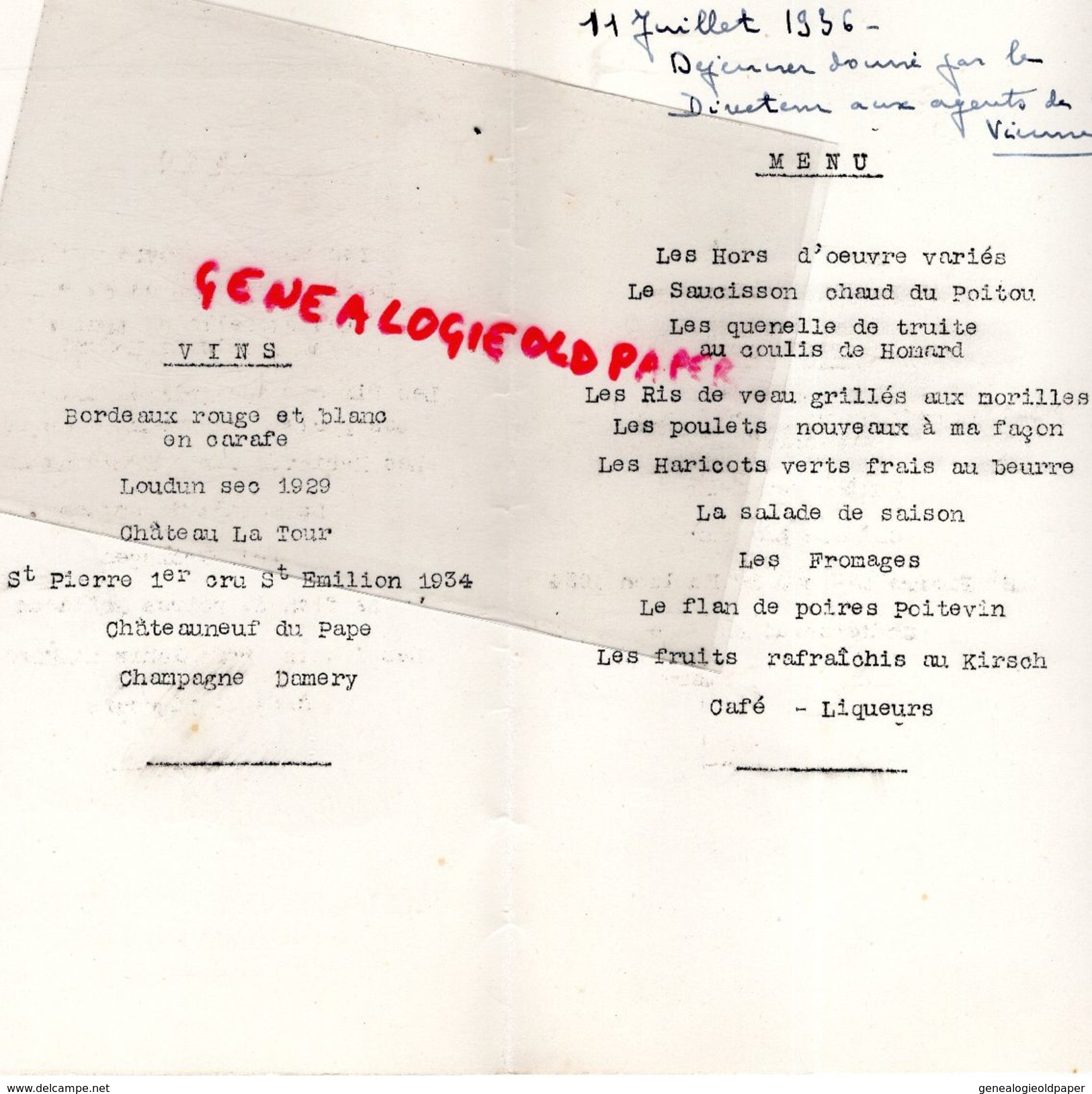 86- POITIERS- RARE MENU RESTAURANT DU CHAPON FIN-PLACE D' ARMES-11 JUILLET 1936-DIRECTEUR AUX AGENTS DE LA VIENNE - Menükarten