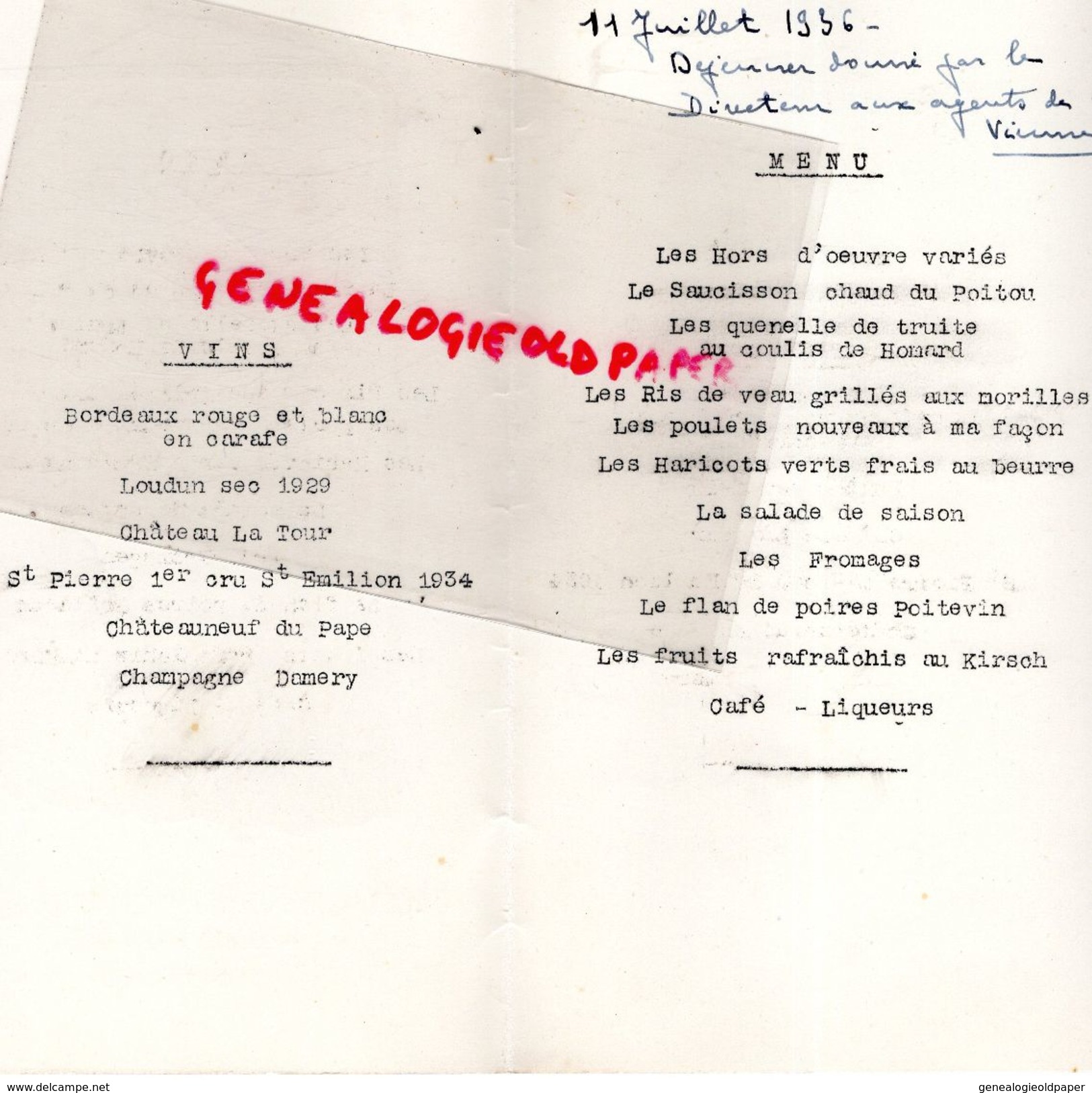 86- POITIERS- RARE MENU RESTAURANT DU CHAPON FIN-PLACE D' ARMES-11 JUILLET 1936-DIRECTEUR AUX AGENTS DE LA VIENNE - Menus