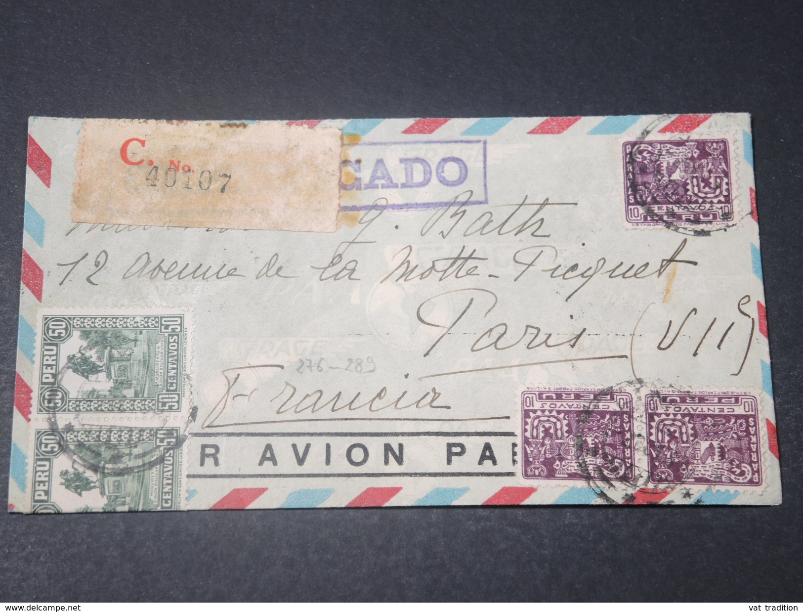 PEROU - Enveloppe En Recommandé Pour La France En 1933 , Affranchissement Plaisant- L 11430 - Peru