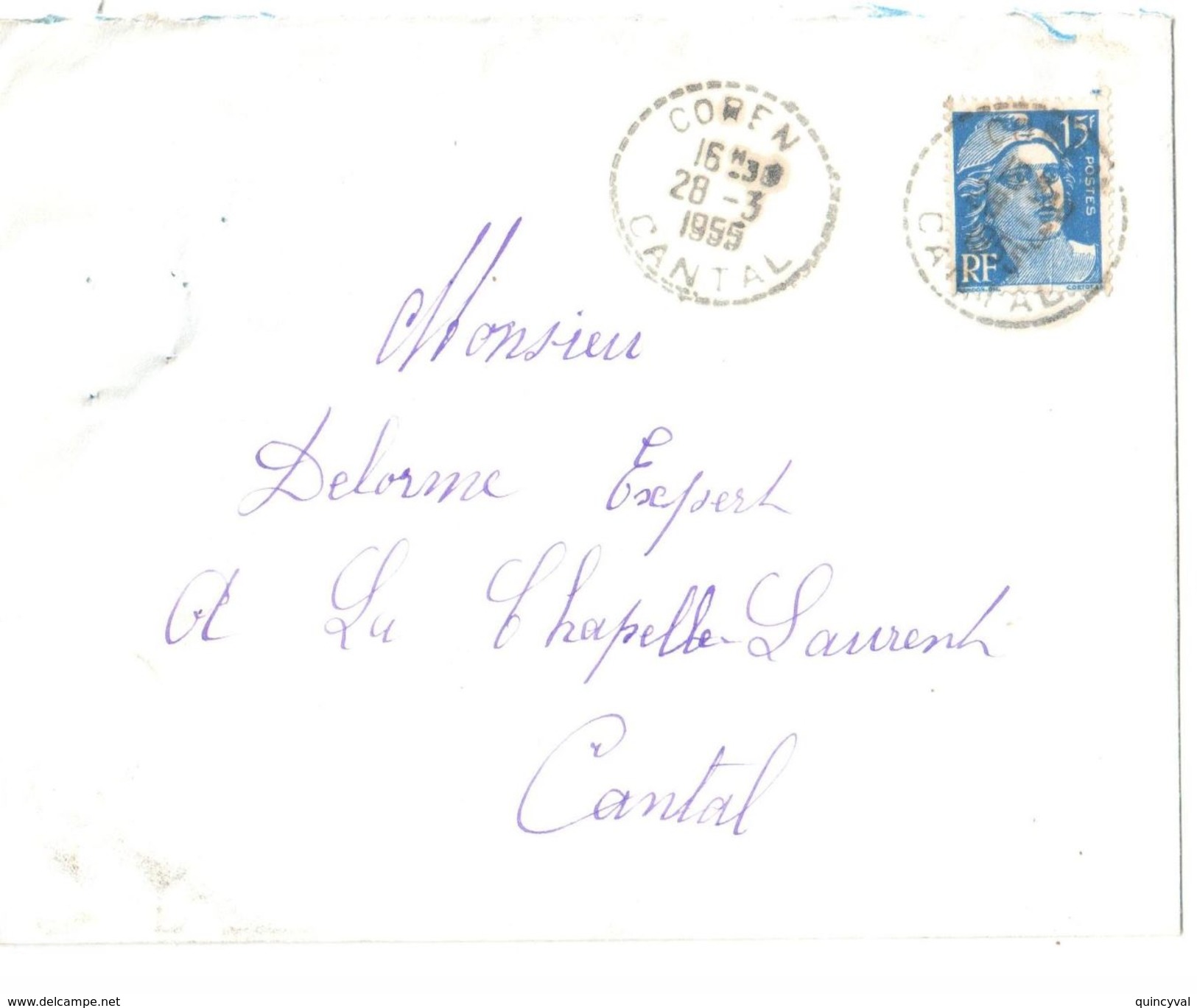 4339 COREN Cantal Lettre 15 F Gandon Bleu Yv 813 Ob 28 3 1955 FB04 Facteur Boitier Recette Distribution Lautier B7 - Storia Postale