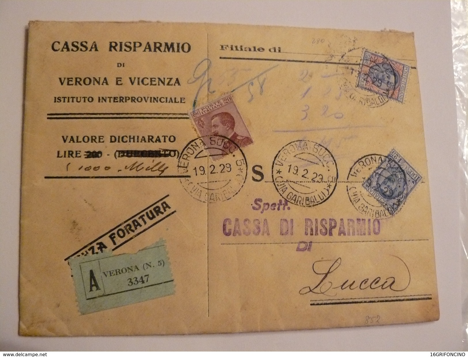 1923  BELLA BUSTA ASSICURATA VIAGGIATA DA BANCA CON BEL FRANCOBOLLO DA 5 LIRE "AQUILA" SABAUDA PIU' BELLISSIMI TIMBRI - Assicurati