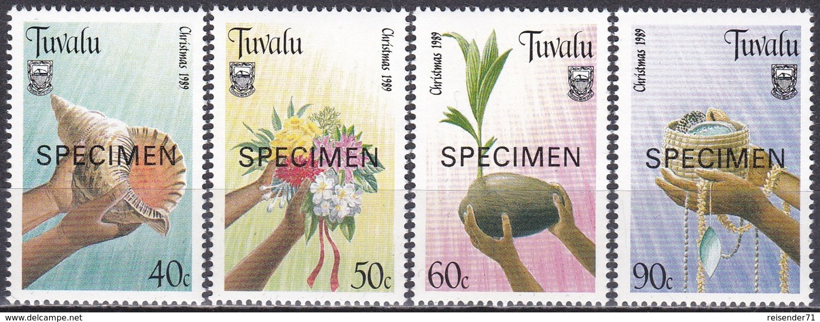 Tuvalu 1989 Religionen Christentum Weihnachten Christmas Noel Navidad Natale Kokospalme Triton, Mi. 550-3 ** SPECIMEN - Tuvalu (fr. Elliceinseln)