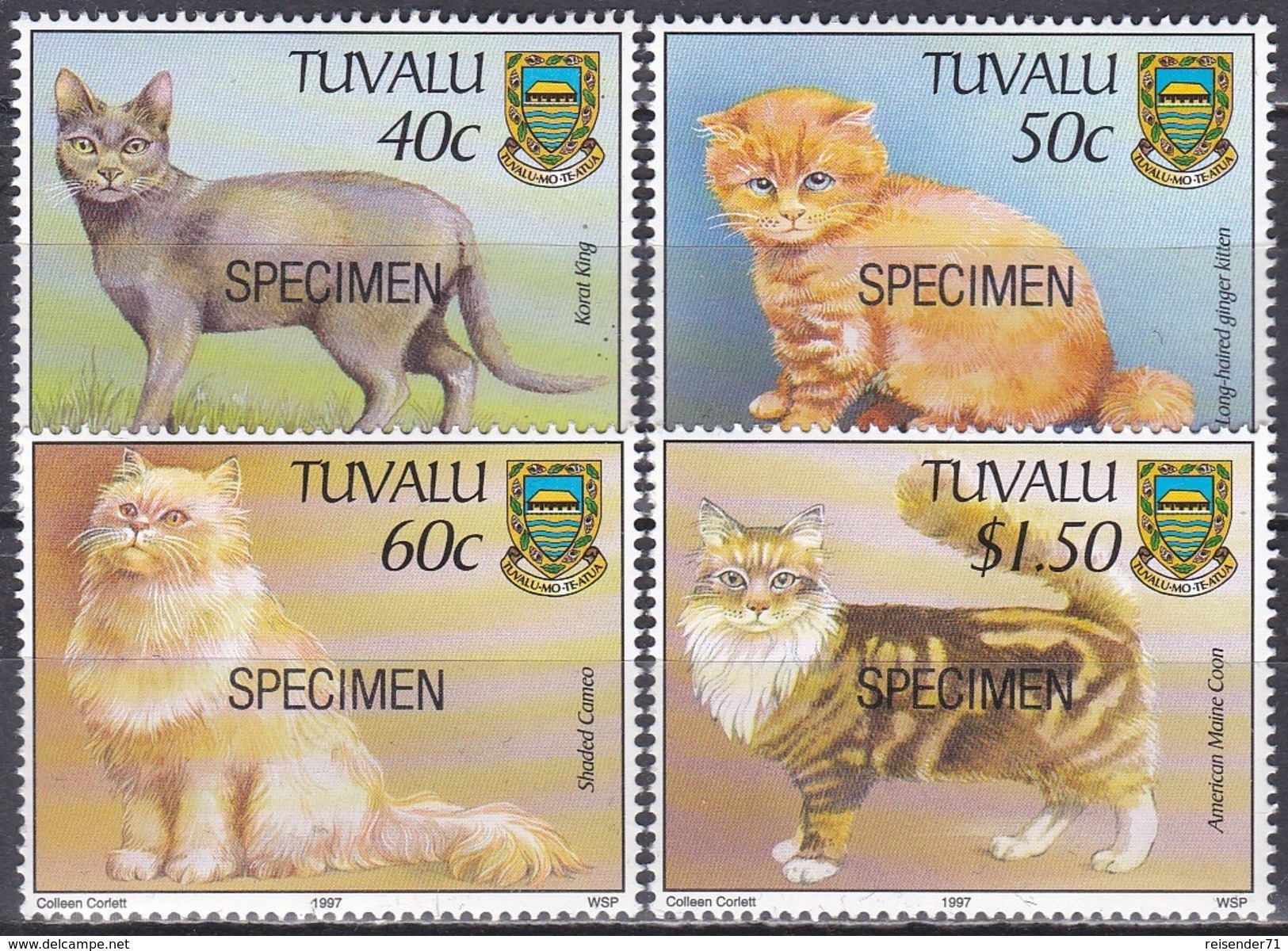Tuvalu 1997 Tiere Fauna Animals Haustiere Pets Katzen Cats Maine-Coon Cameo Korat, Mi. 773-6 ** SPECIMEN - Tuvalu (fr. Elliceinseln)