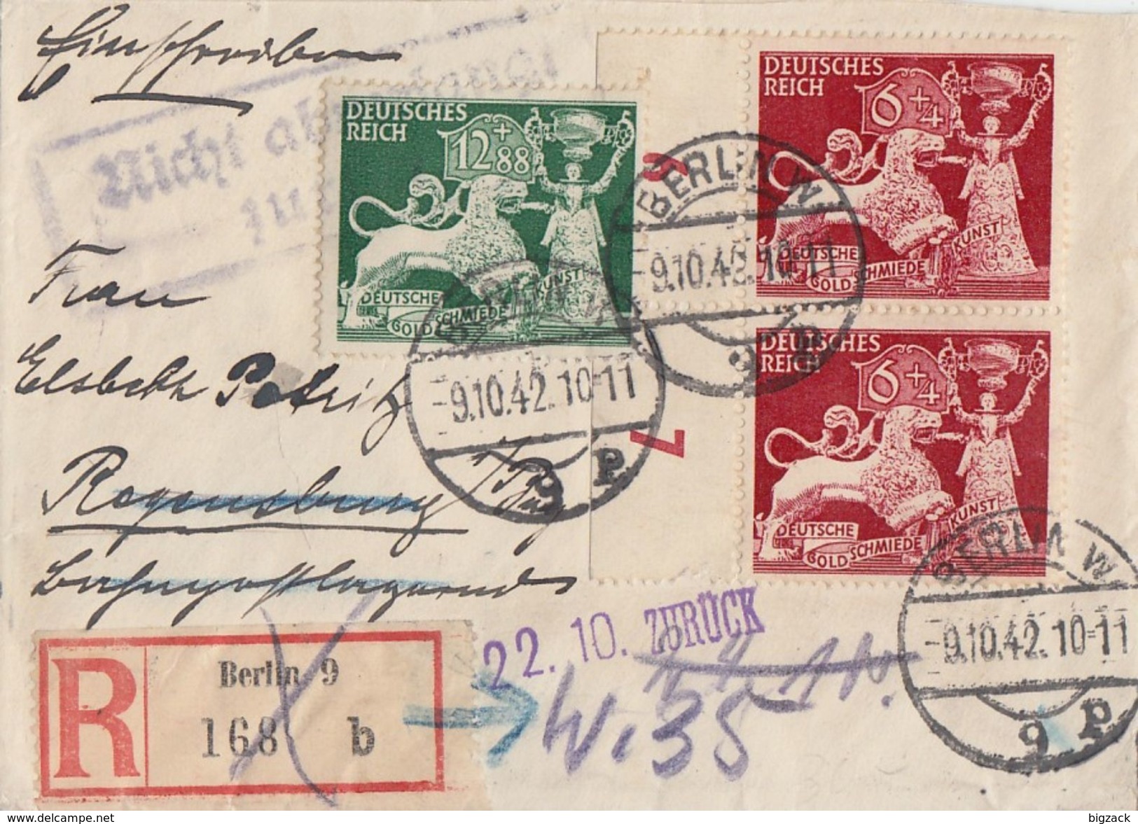 DR R-Brief Mif Minr.763,3x 816,817 Berlin 9.10.42 Gel. Nach Regensburg Irrläufer 22.10. Zurück - Briefe U. Dokumente