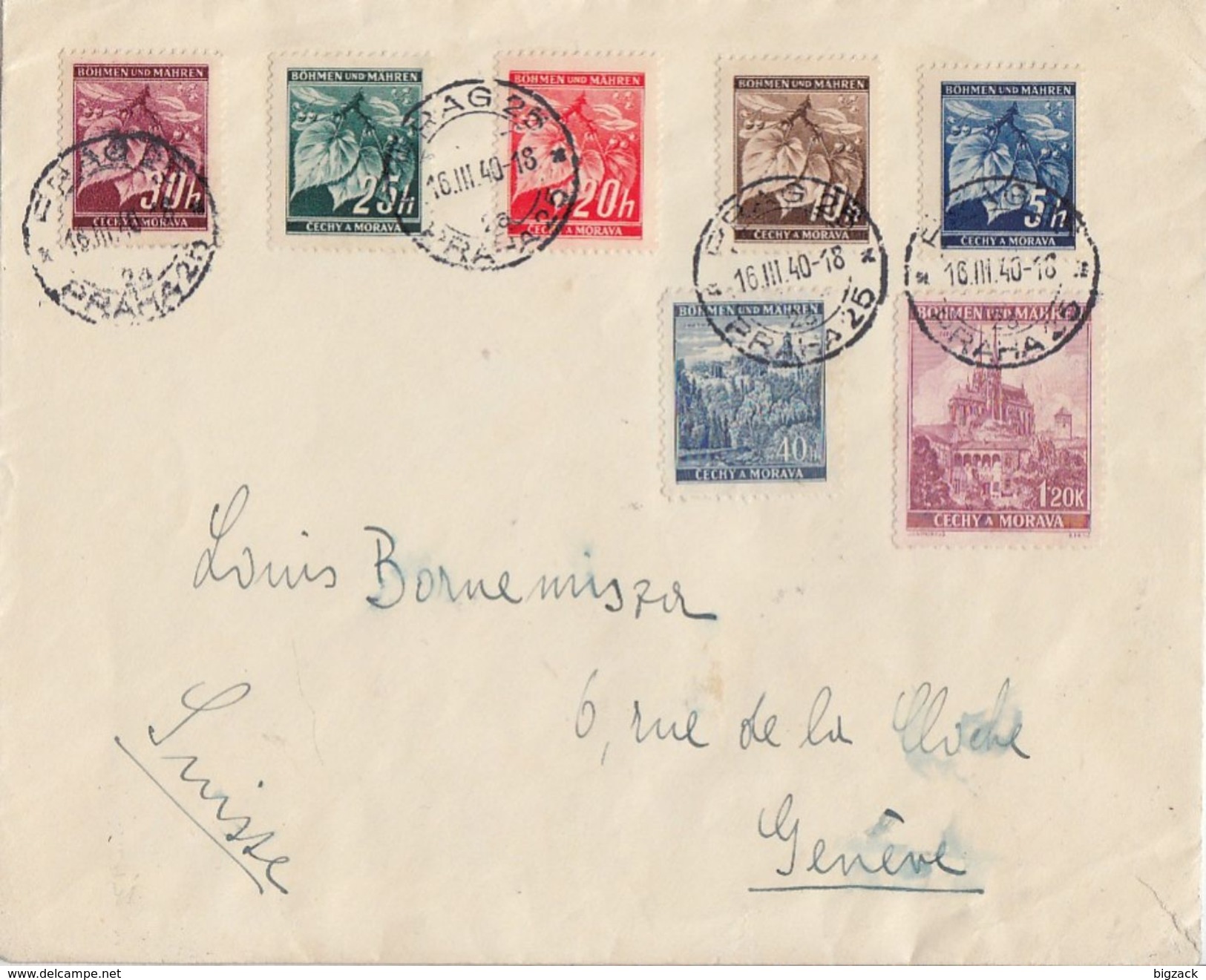 Böhmen & Mähren Brief Mif Minr.20,21,22,23,24,25,29 Prag 16.3.40 Gel. In Schweiz Zensur - Briefe U. Dokumente