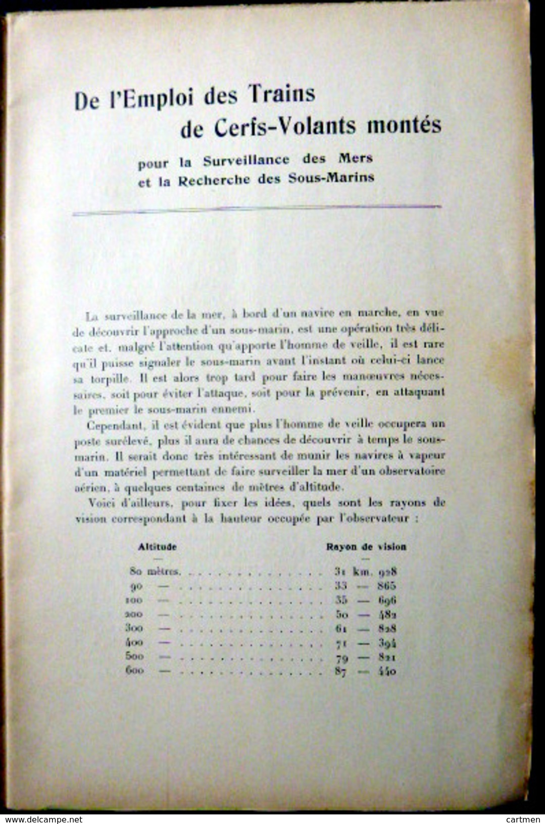 AVIATION GUERRE CERFS VOLANTS EMPLOI DES CERFS VOLANTS MONTES  POUR LE RECHERCHE DE SOUS MARINS 1917 - Autres & Non Classés