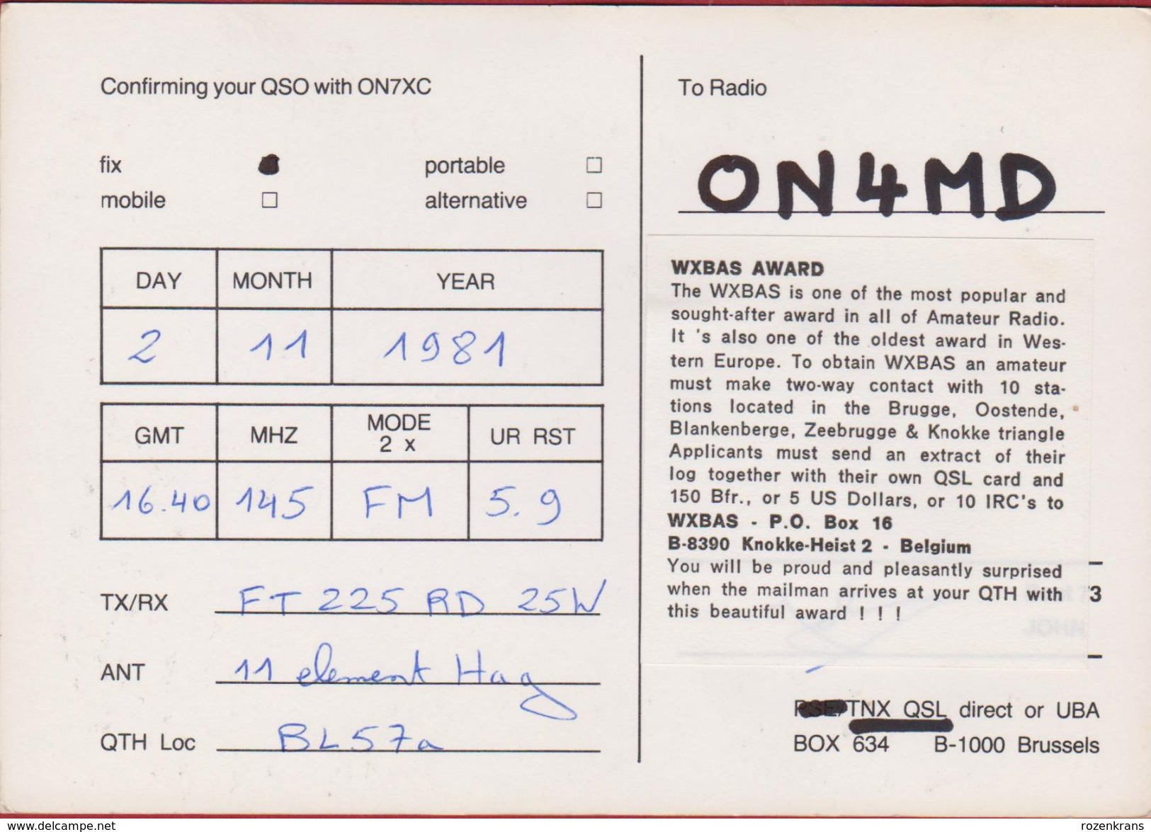 QSL Card Amateur Radio Station CB Belgium Paul Nollen Brasschaat 1984 Vlaanderen - Amateurfunk