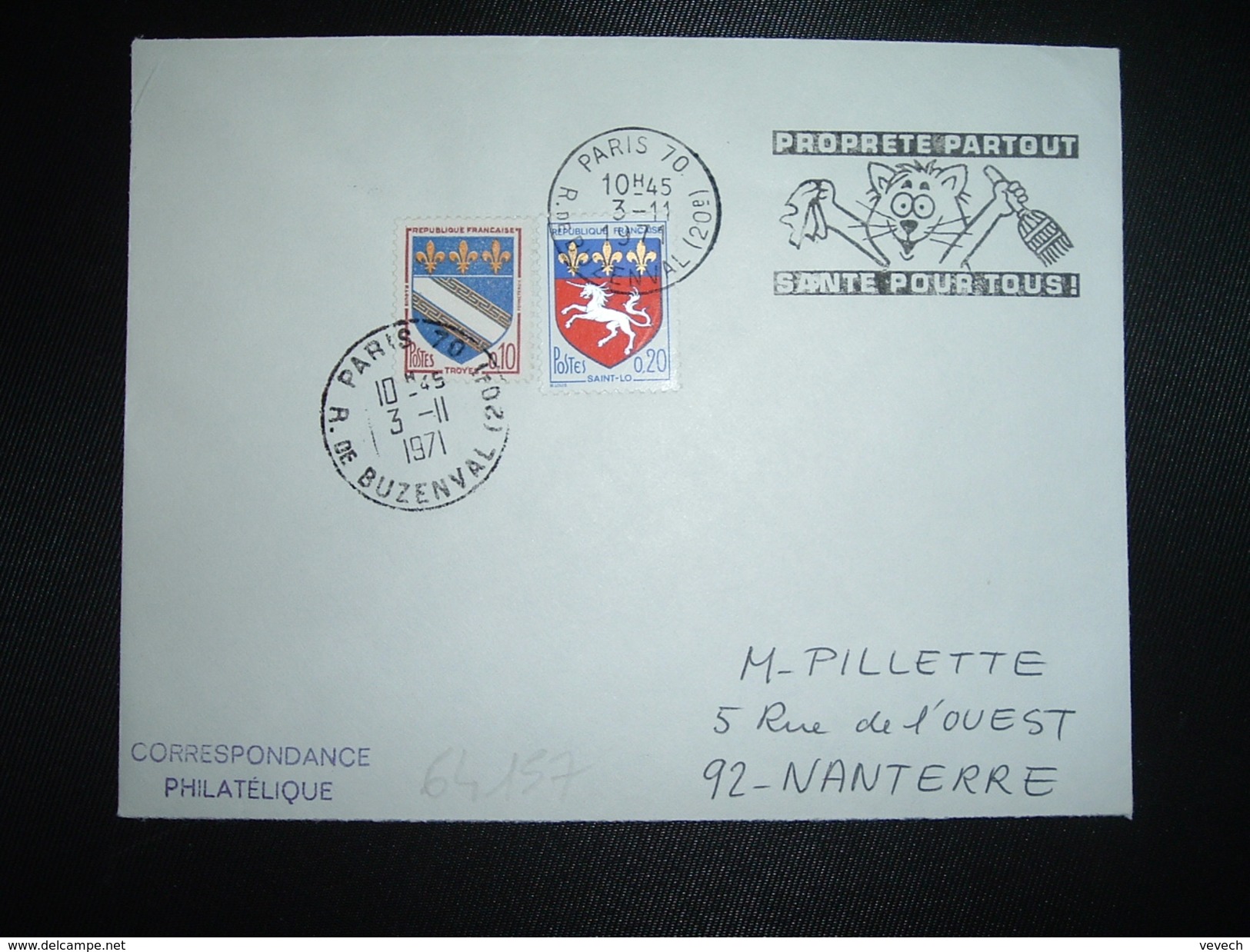 LETTRE TP BLASON ST LO 0,20 + TROYES 0,10 OBL.MEC.3-11-1971 PARIS 70 PROPRETE PARTOUT SANTE POUR TOUS  +OBL.MANUELLE - Umweltverschmutzung