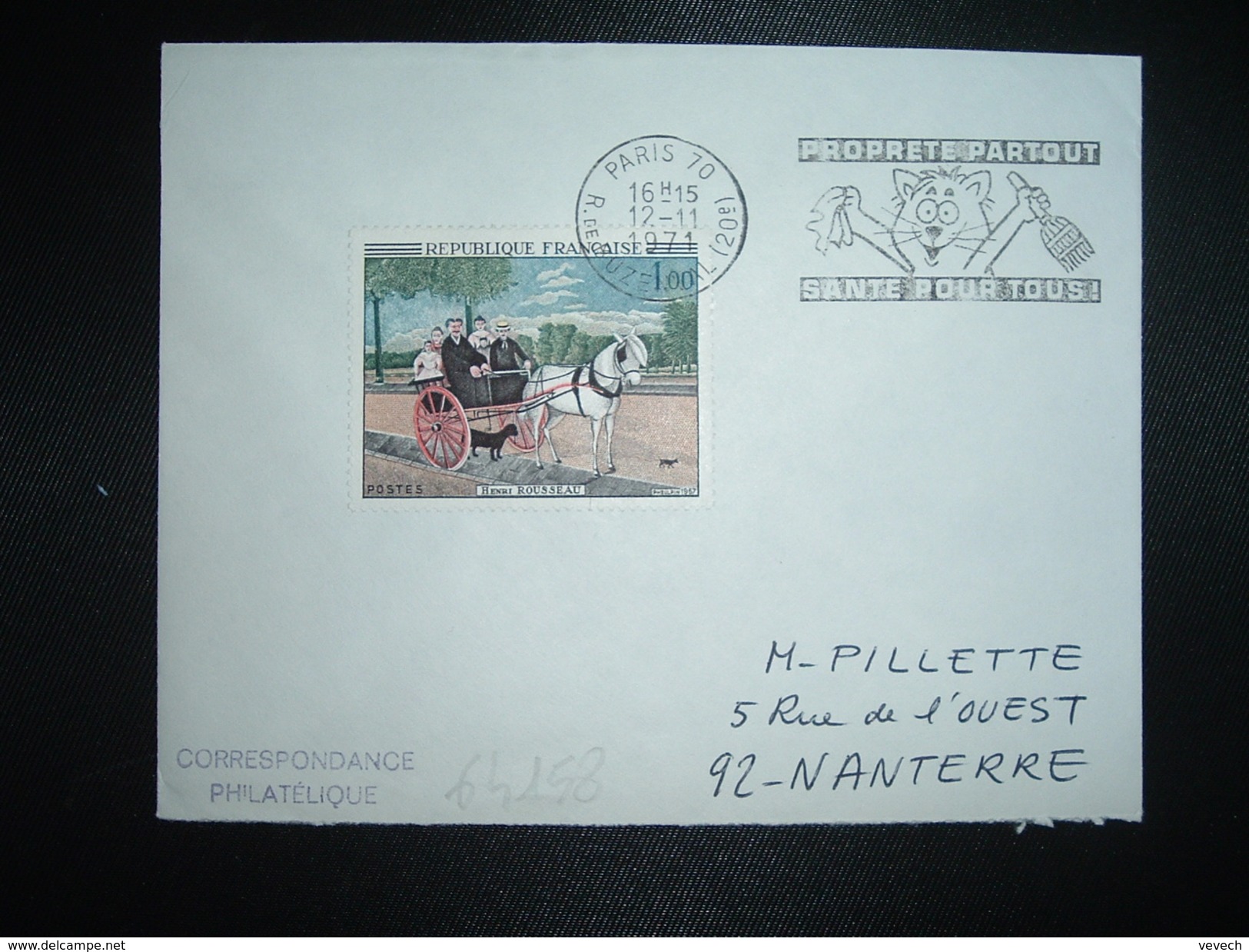 LETTRE TP HENRI ROUSSEAU 1,00 OBL.MEC.12-11-1971 PARIS 70 PROPRETE PARTOUT SANTE POUR TOUS - Inquinamento